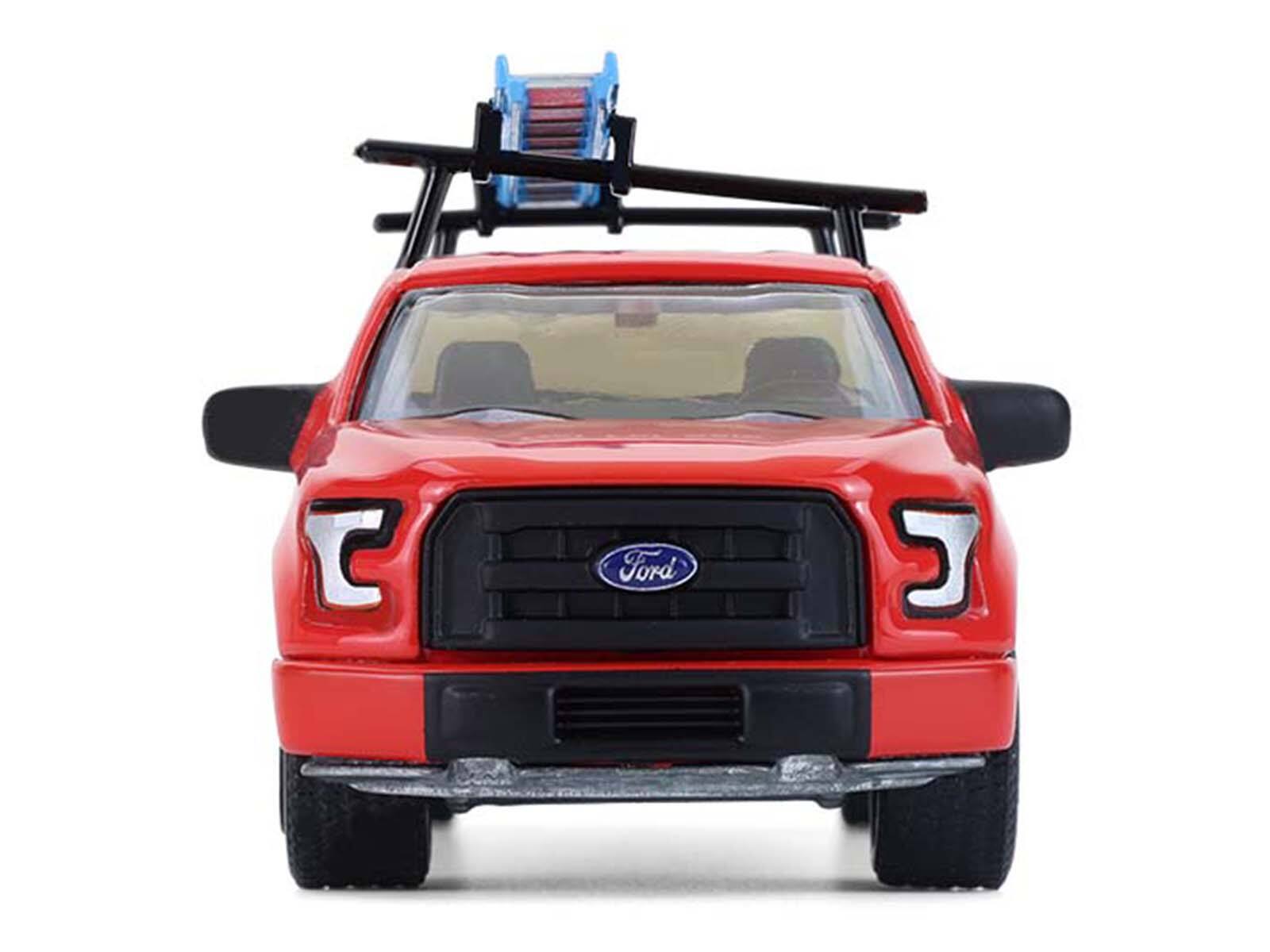 Alt View 4. Greenlight - 2015 Ford F-150 Pickup Truck with Ladder Rack Red with Black Stripes "Down on the Farm" Series 1/64 Model by Greenlight.