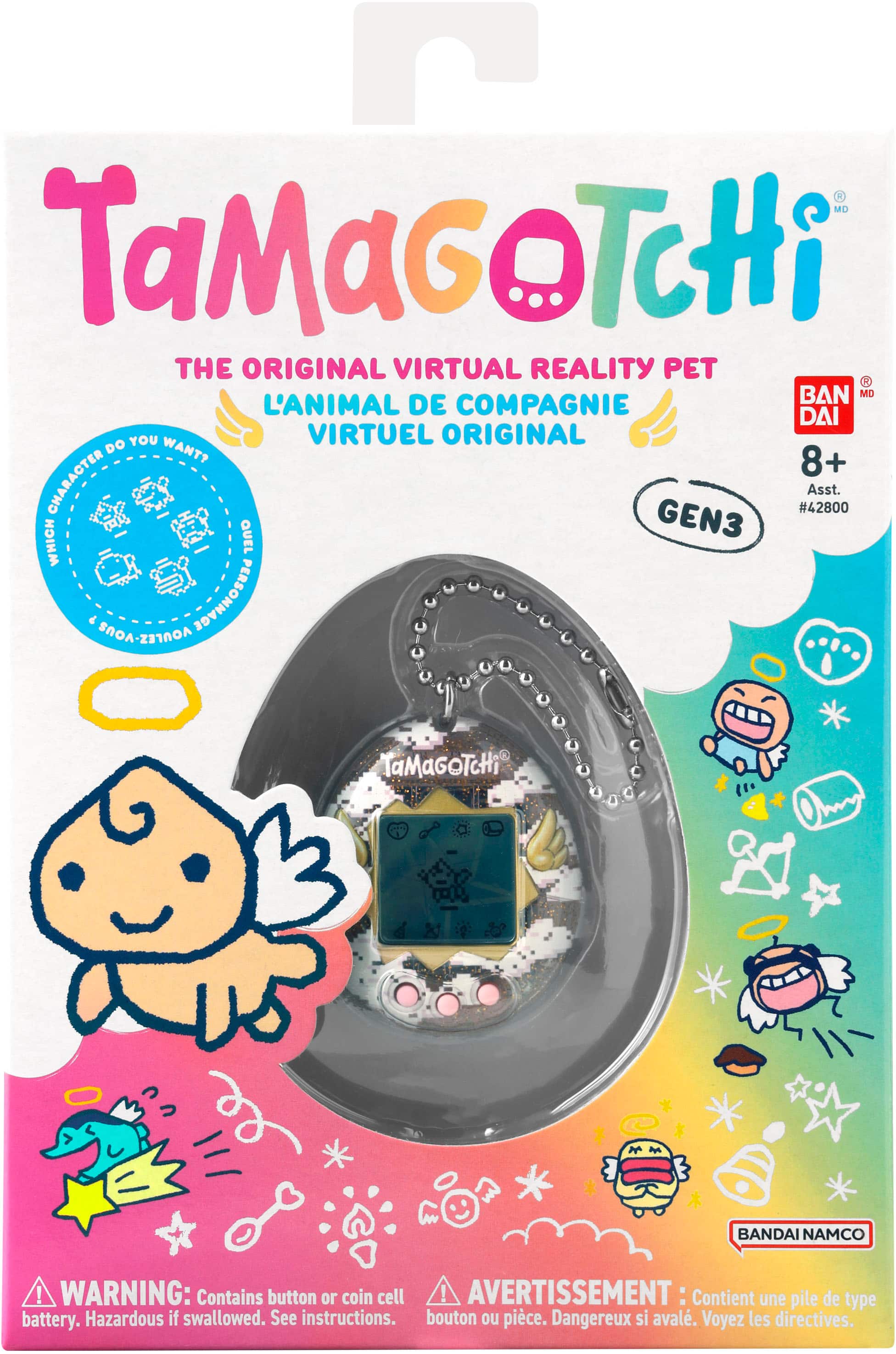 TaMaGoTchi is the original virtual reality pet. It is designed for ages 8+ and comes with a character #42800. The package includes a Gen 3 Tamagochi, which is a virtual pet. The product is made by Bandai Namco and has a warning that it contains a button or coin cell, which can be hazardous if swallowed. The package also includes instructions for safe use and handling.