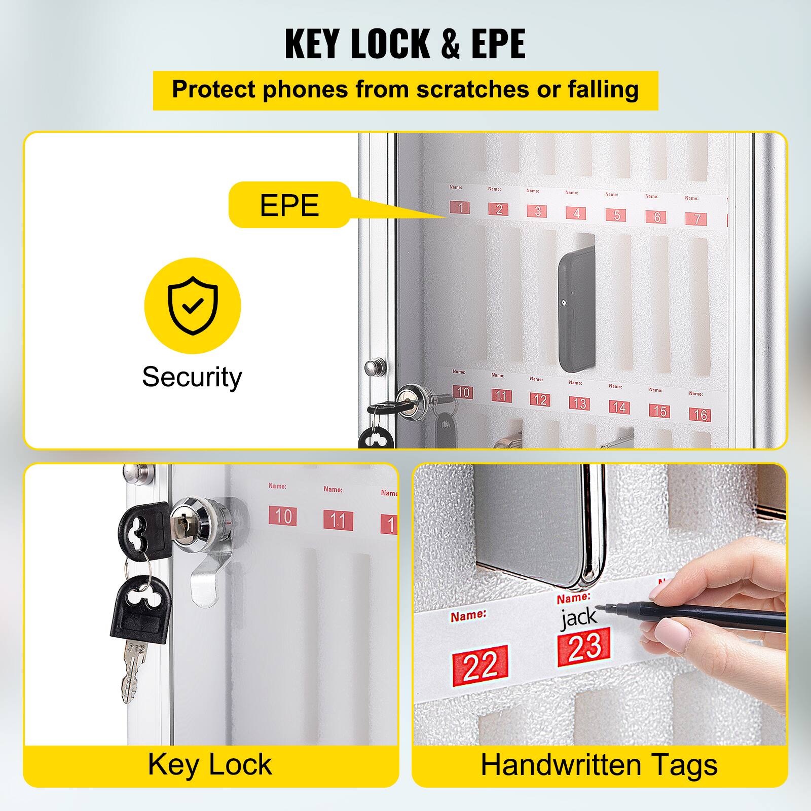 KEY LOCK & EPE  
Protect phones from scratches or falling  

EPE  
Security  

Key Lock  

Handwritten Tags  

Name: jack 23