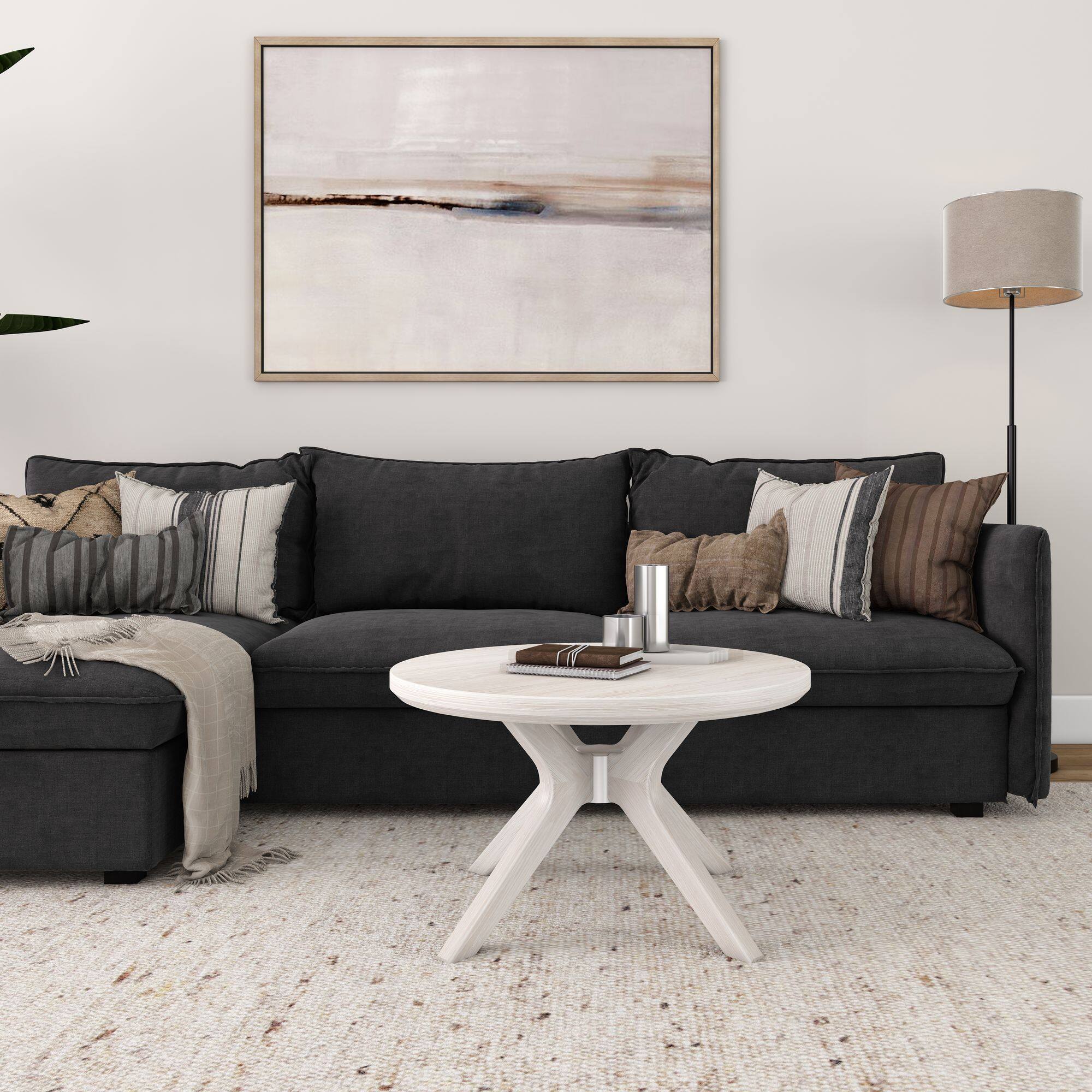 Alt View 1. Plank+Beam - Cross Leg Round Coffee Table (30in x 30in / 760mm x 760mm), White Sand Wirebrush - White Sand Wirebrush.