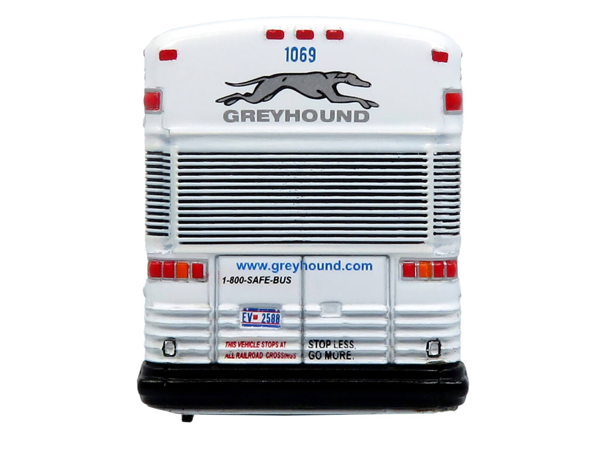 1069 GREYHOUND  
www.greyhound.com  
1-800-SAFE-BUS  
EV 2588  
THIS VEHICLE STOPS AT ALL RAILROAD CROSSINGS  
STOP LESS. GO MORE.