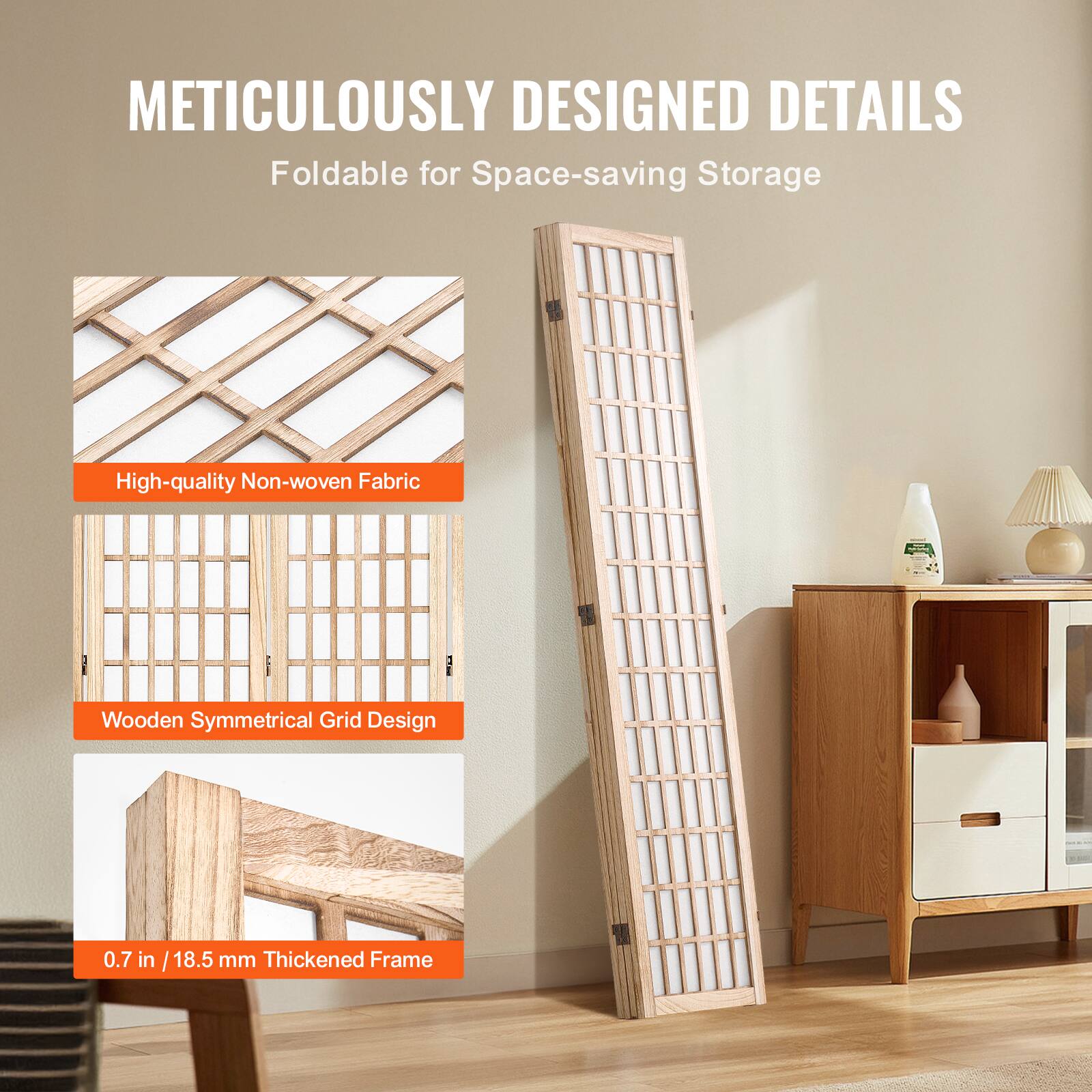 METICULOUSLY DESIGNED DETAILS  
Foldable for Space-saving Storage  

- High-quality Non-woven Fabric  
- Wooden Symmetrical Grid Design  
- 0.7 in / 18.5 mm Thickened Frame