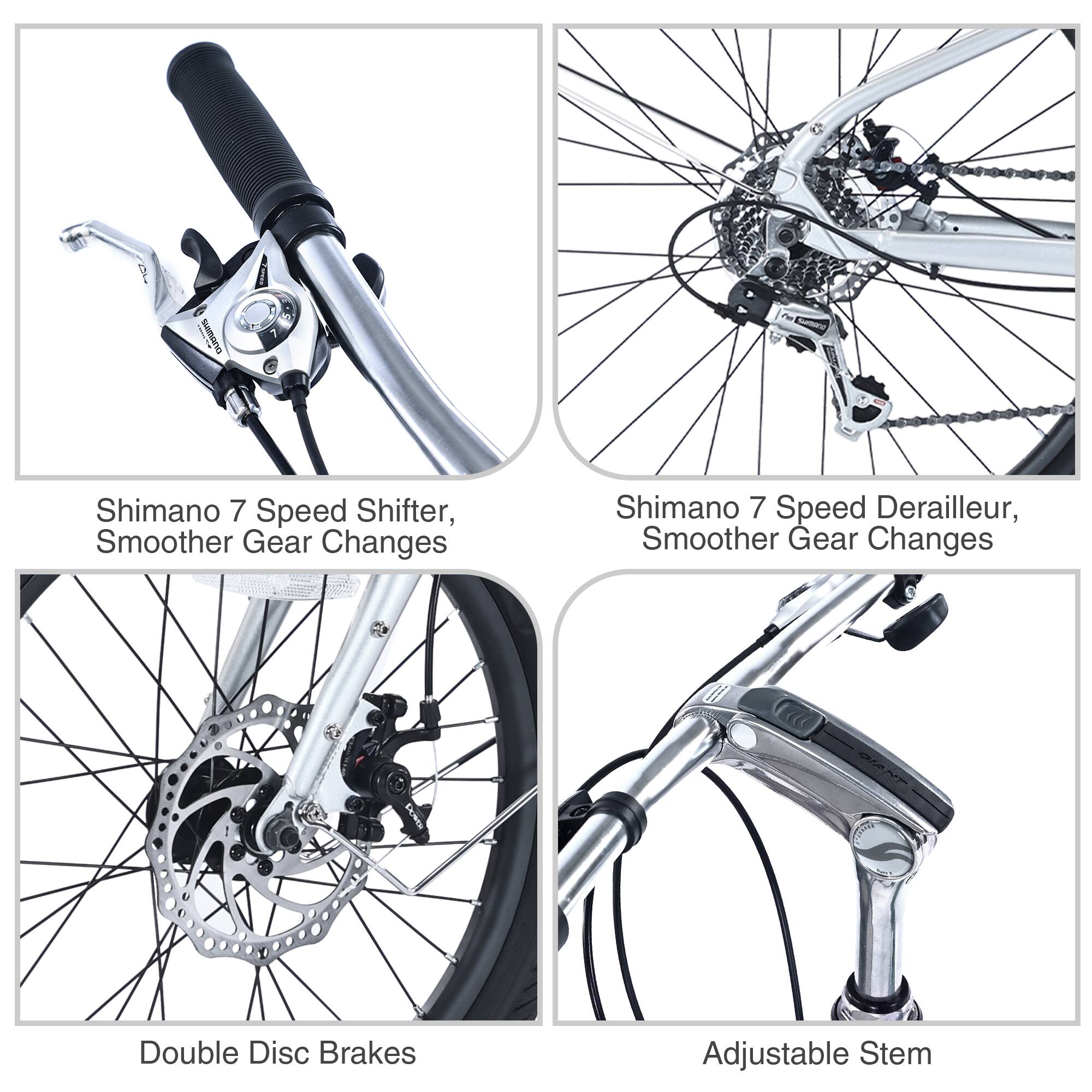 - Shimano 7 Speed Shifter, Smoother Gear Changes
- Shimano 7 Speed Derailleur, Smoother Gear Changes
- Double Disc Brakes
- Adjustable Stem