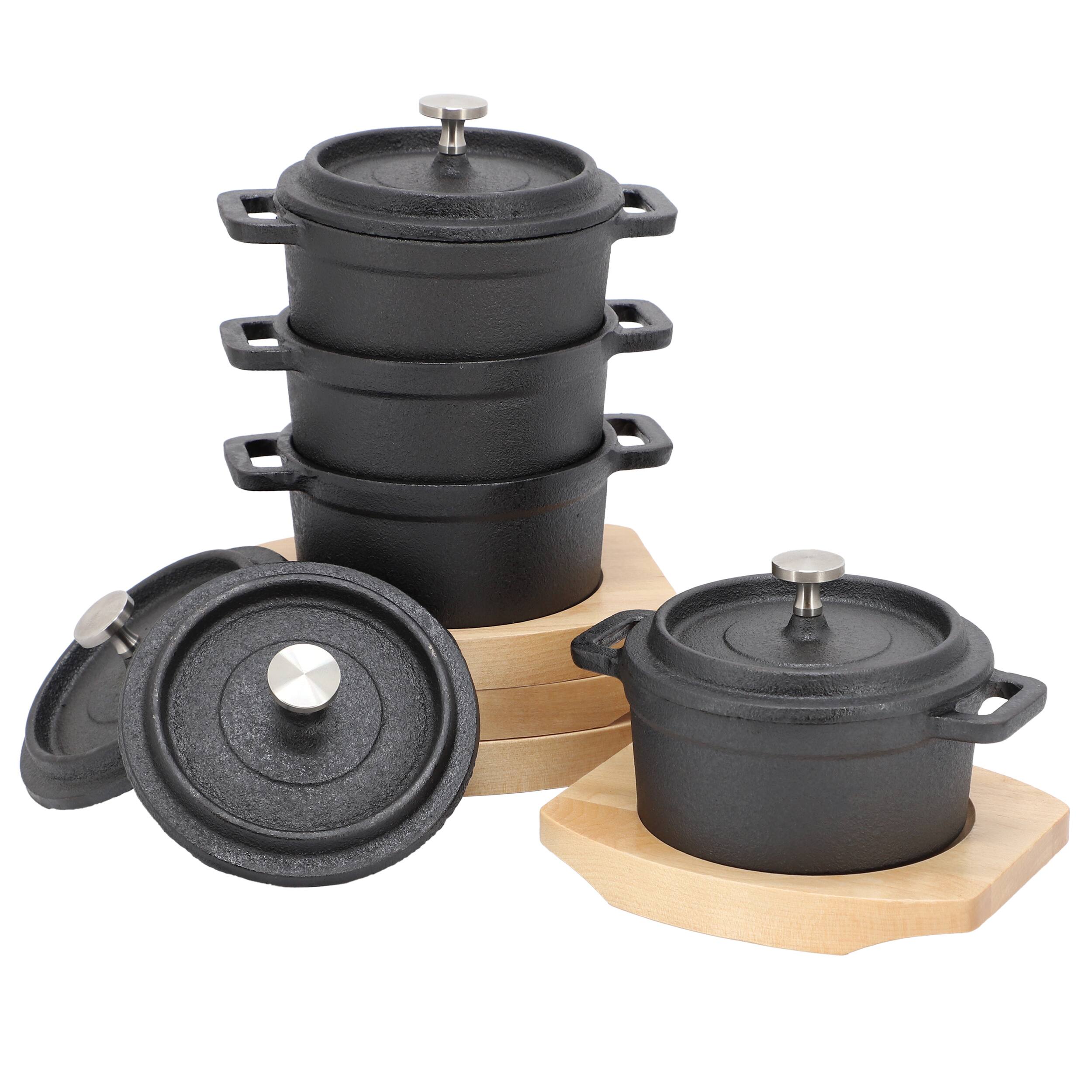 MegaChef - 4 Piece Cast Iron 8 Ounce Mini Dutch Oven with Wood Tray - Black