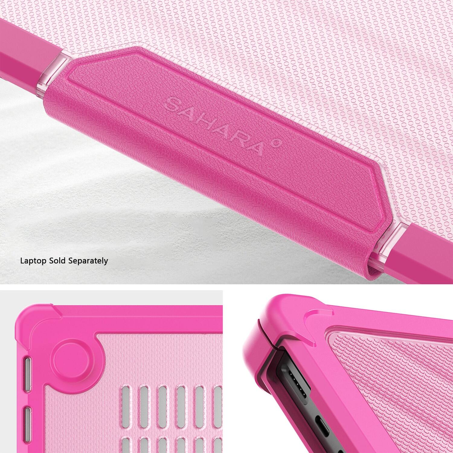 The image features a pink laptop case with the Sahara logo on it. The case is designed to protect the laptop and is sold separately. The case is open, revealing the laptop inside. The case is made of a durable material and is designed to provide protection for the laptop while also adding a stylish touch to the device.