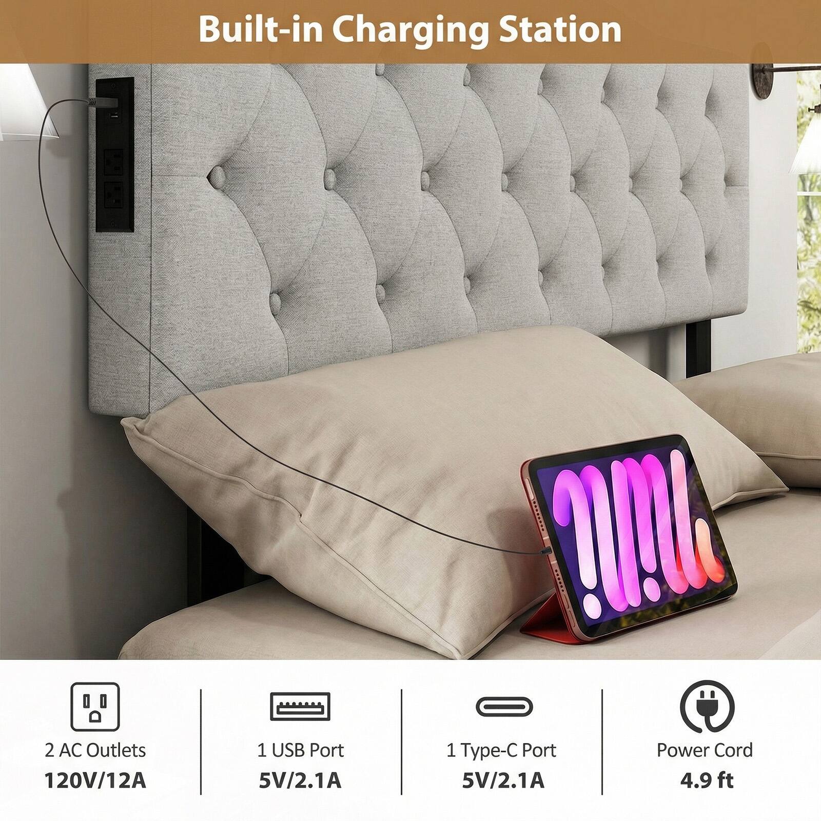 Built-in Charging Station  
2 AC Outlets 120V/12A  
1 USB Port 5V/2.1A  
1 Type-C Port 5V/2.1A  
Power Cord 4.9 ft