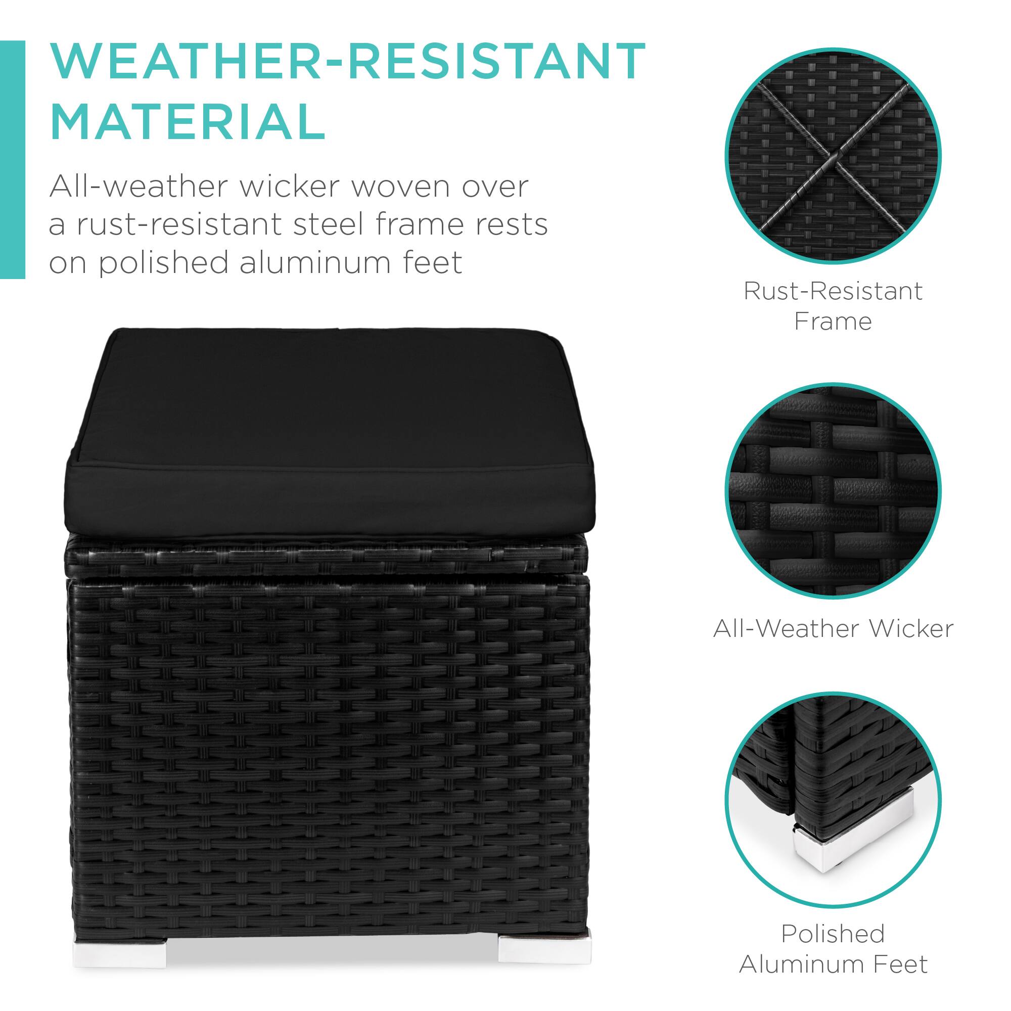 WEATHER-RESISTANT MATERIAL

All-weather wicker woven over a rust-resistant steel frame rests on polished aluminum feet

- Rust-Resistant Frame
- All-Weather Wicker
- Polished Aluminum Feet
