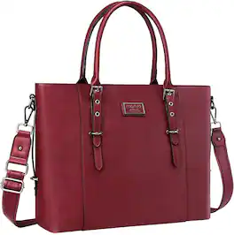 mosiso - Waterproof PU Leather Laptop Bag for Women 15.6 Inch, Vintage Briefcase Shoulder Tote Computer Bag for Work & Office - Wine Red