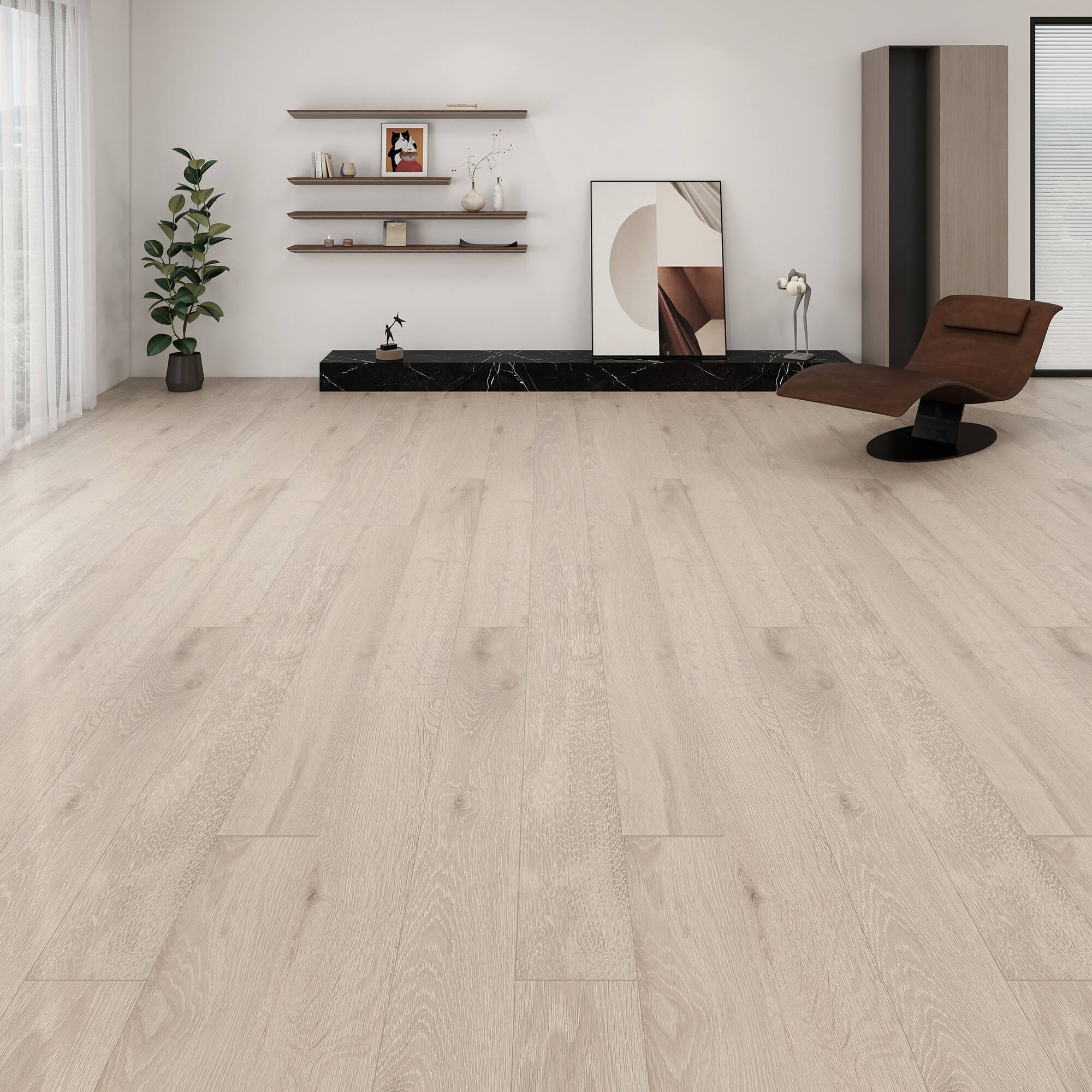 Left. Dotfloor - Superoak SEKET Laminate Flooring - 48"x7.7" Planks, 8 Planks/Box (20.56 sq ft/Box), 12mm Thick, AC4 Wear Rating - Riftwood Knot.