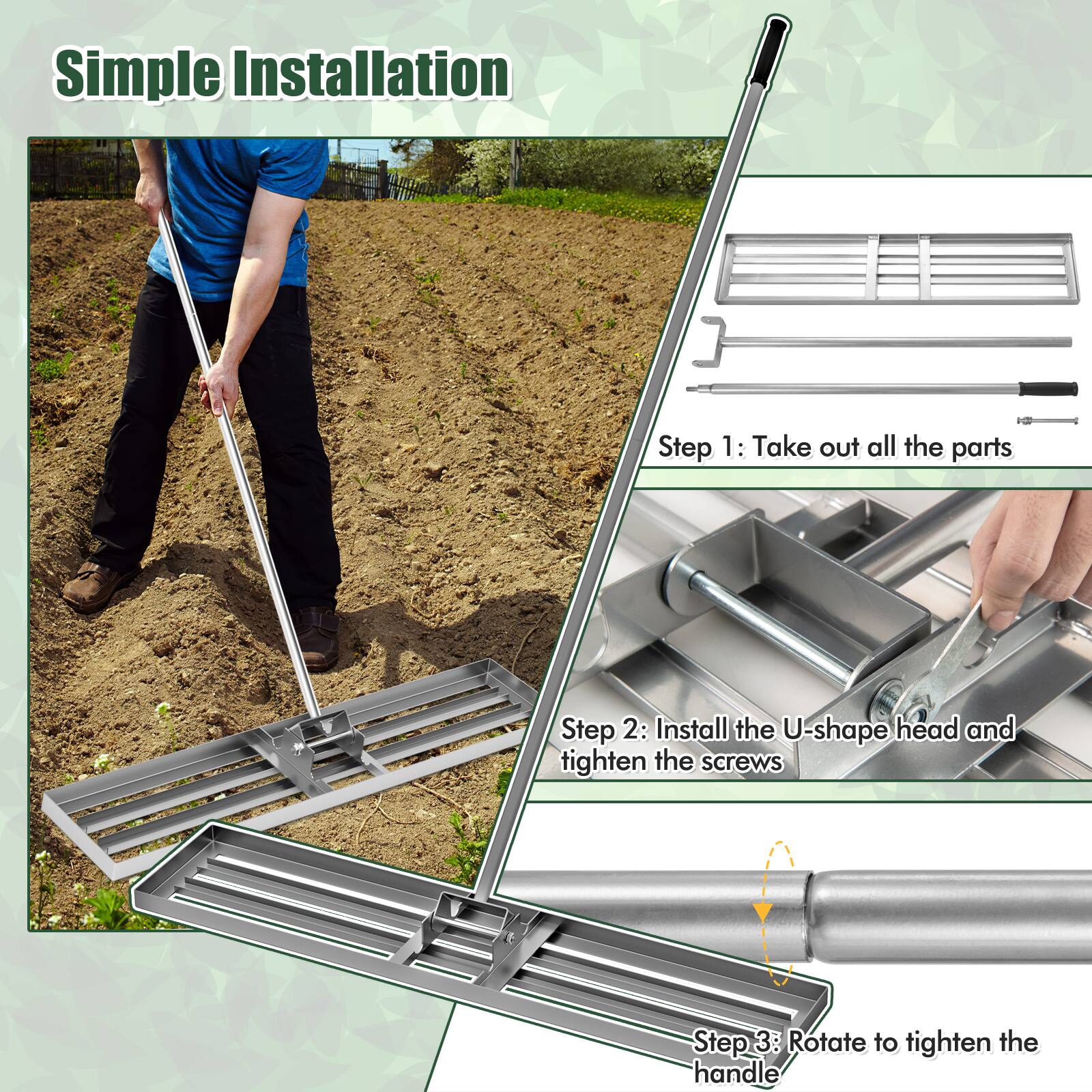 Simple Installation

Step 1: Take out all the parts

Step 2: Install the U-shape head and tighten the screws

Step 3: Rotate to tighten the handle