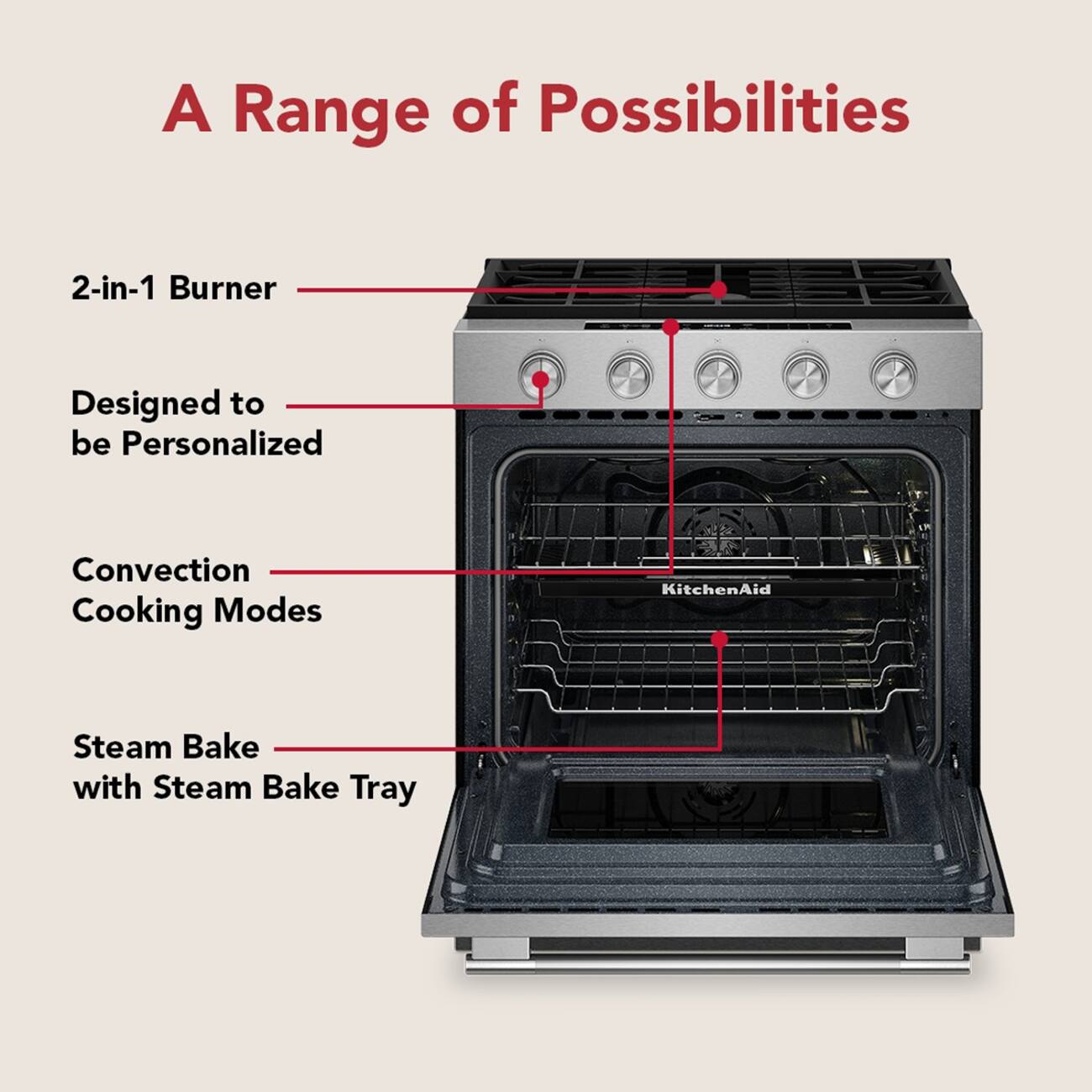 A Range of Possibilities

- 2-in-1 Burner
- Designed to be Personalized
- Convection Cooking Modes
- Steam Bake with Steam Bake Tray