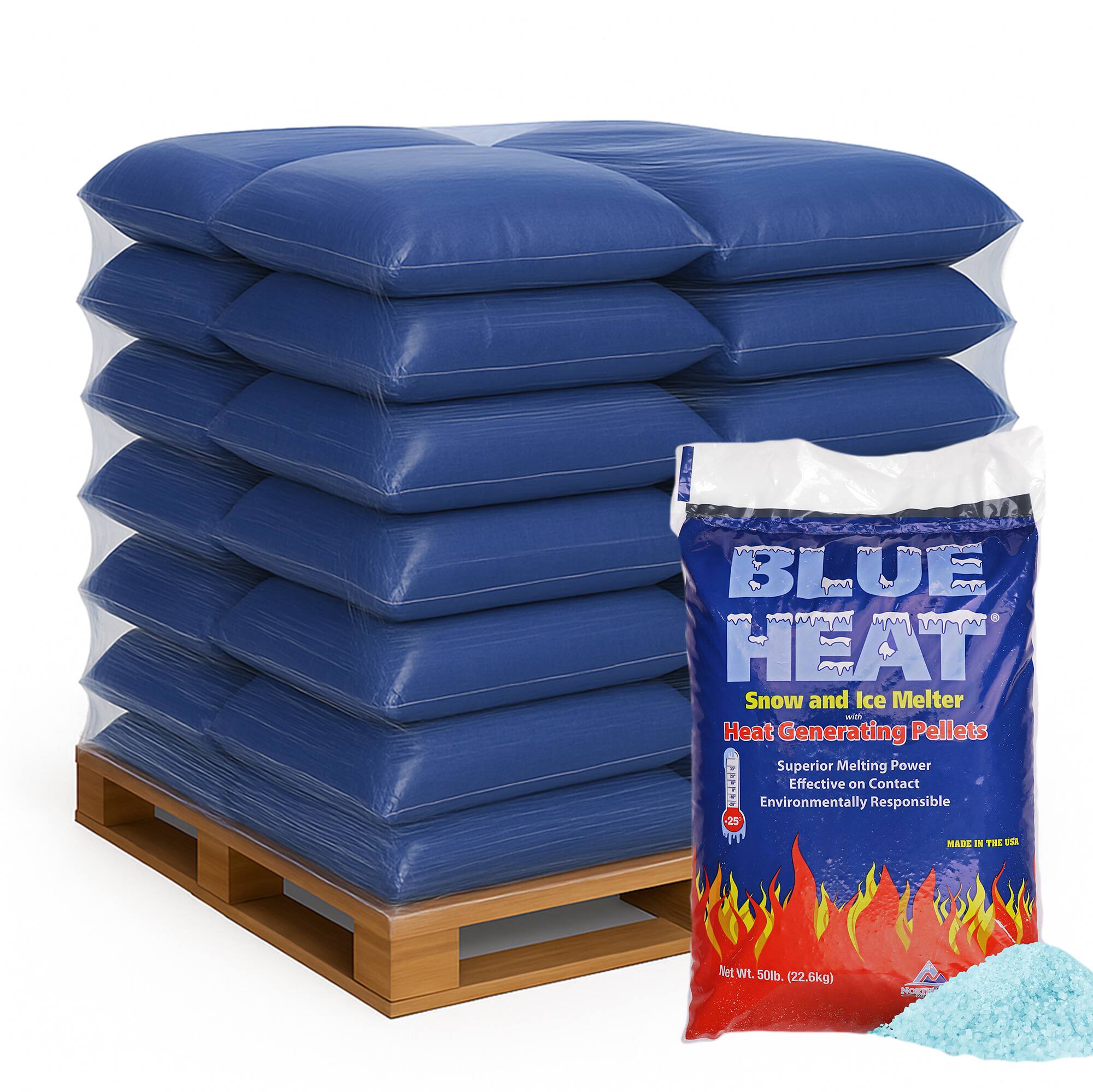 BLUE HEAT  
Snow and Ice Melter  
Heat Generating Pellets  
Superior Melting Power  
Effective on Contact  
Environmentally Responsible  

Net Wt. 50lb. (22.6kg)  

MADE IN THE USA