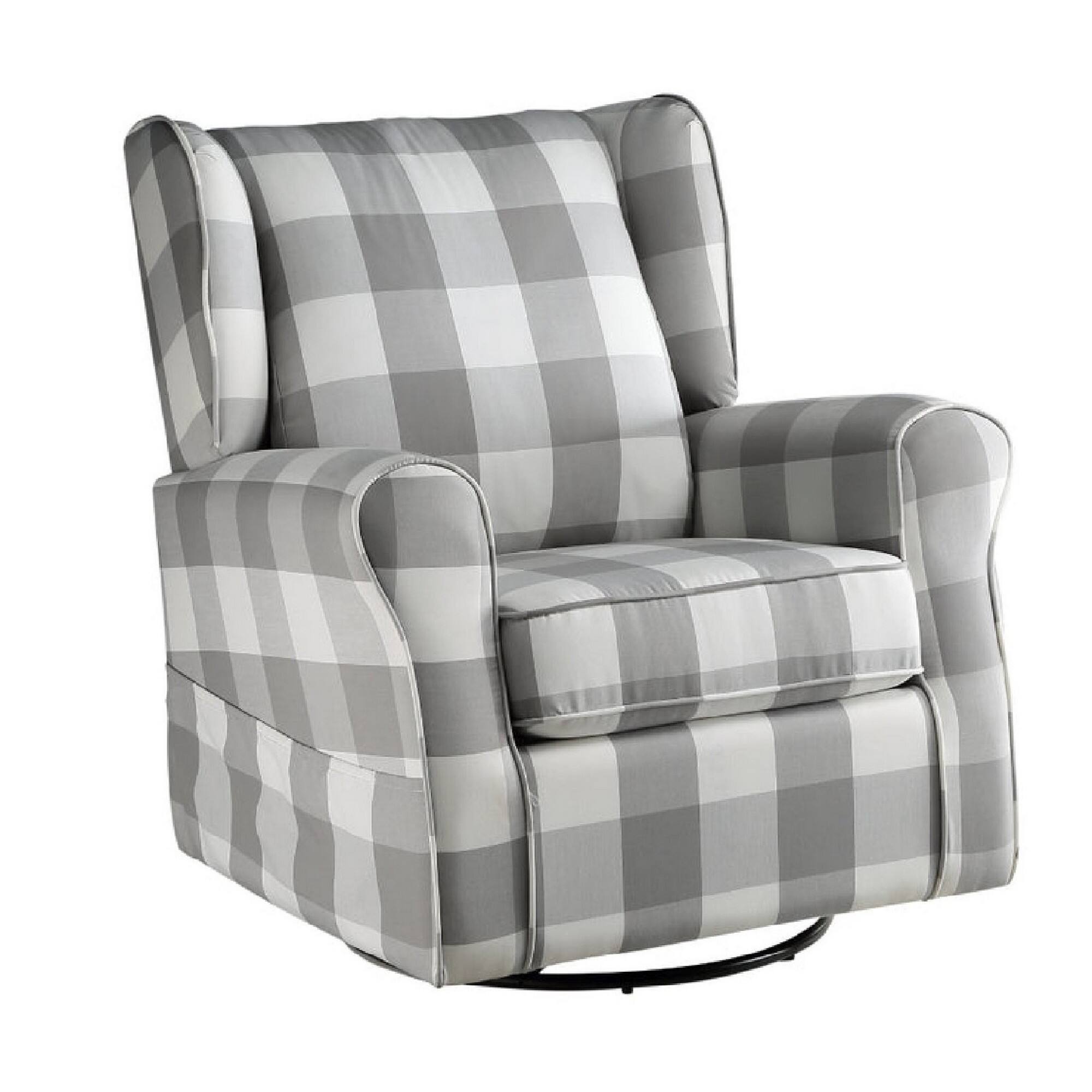 Manhattan Lane - 35 Inch Accent Swivel Chair, Glider, Checkered Fabric - Gray