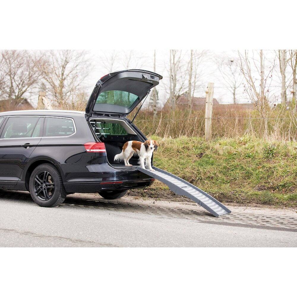 Left. TRIXIE - 59-in Pet Ramp for Small to Medium Dogs up to 55 lbs, Easy to Store - Gray.