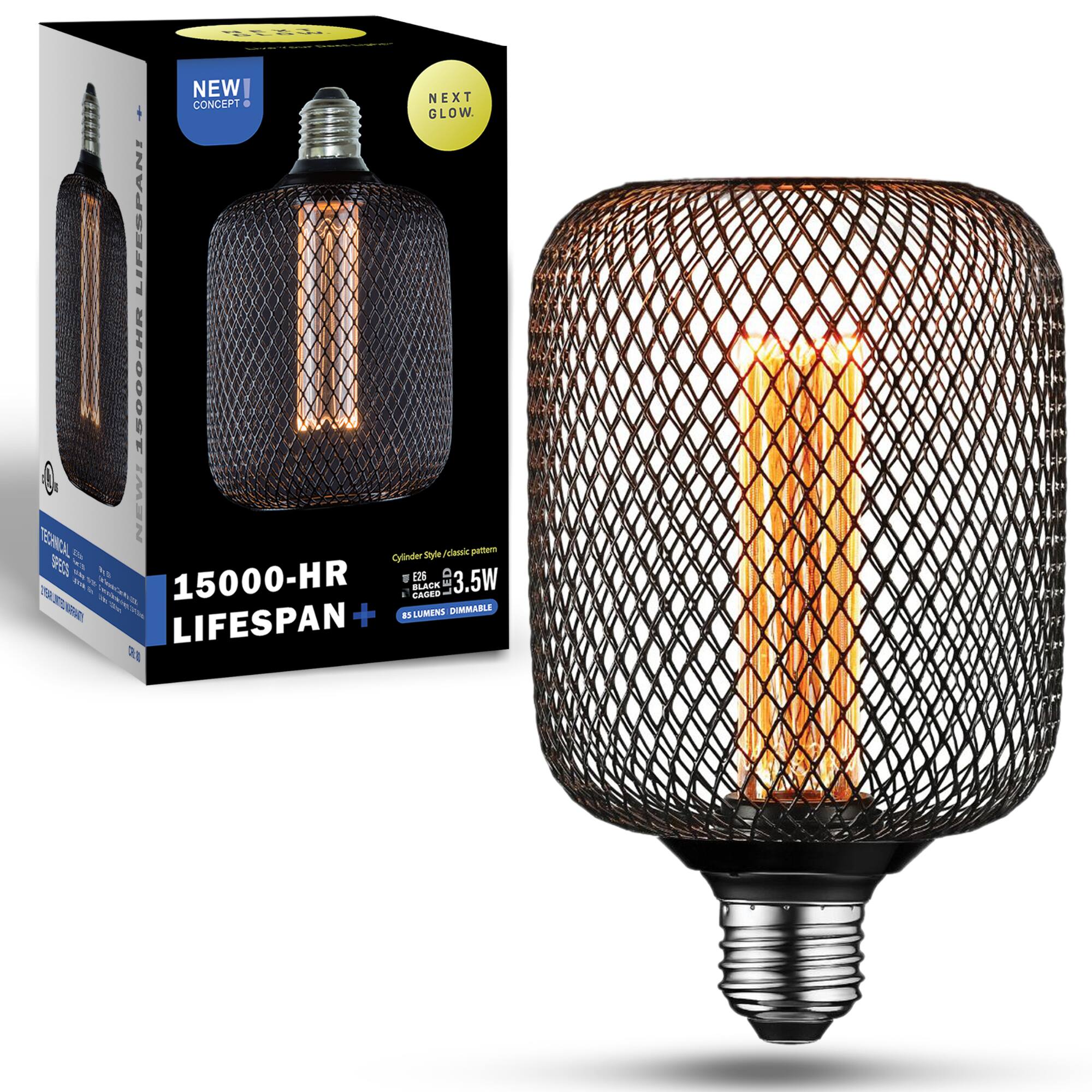 LS4 NEW CONCEPT. NEXT GLOW LIFESPAN! 15000-HR LIFESPAN+ E26/E27 Style/classic pattern. 3.5W BLACK CAGED LUMENS DIMMABLE.