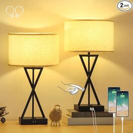 Oumilen - Touch Lamp Set of 2 with USB Ports & Outlet, 3-Way Dimmable Bedside Lamps with Fabric Shade for Living Room Bedroom