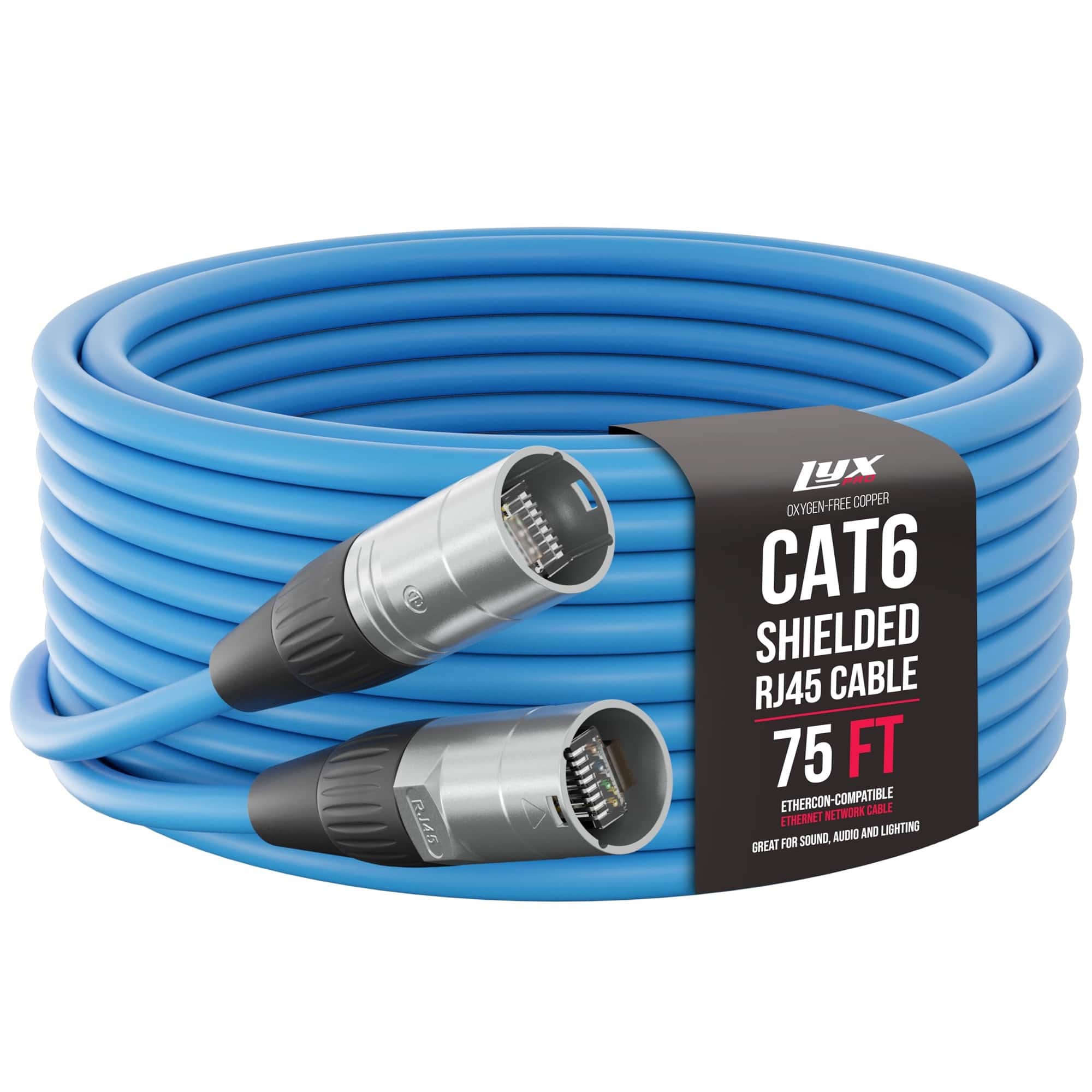 Lyxpro - 75 Feet Shielded CAT6 Ethercon Cable, Male to Male, Pro Audio & Lighting RJ45 Cable - Blue