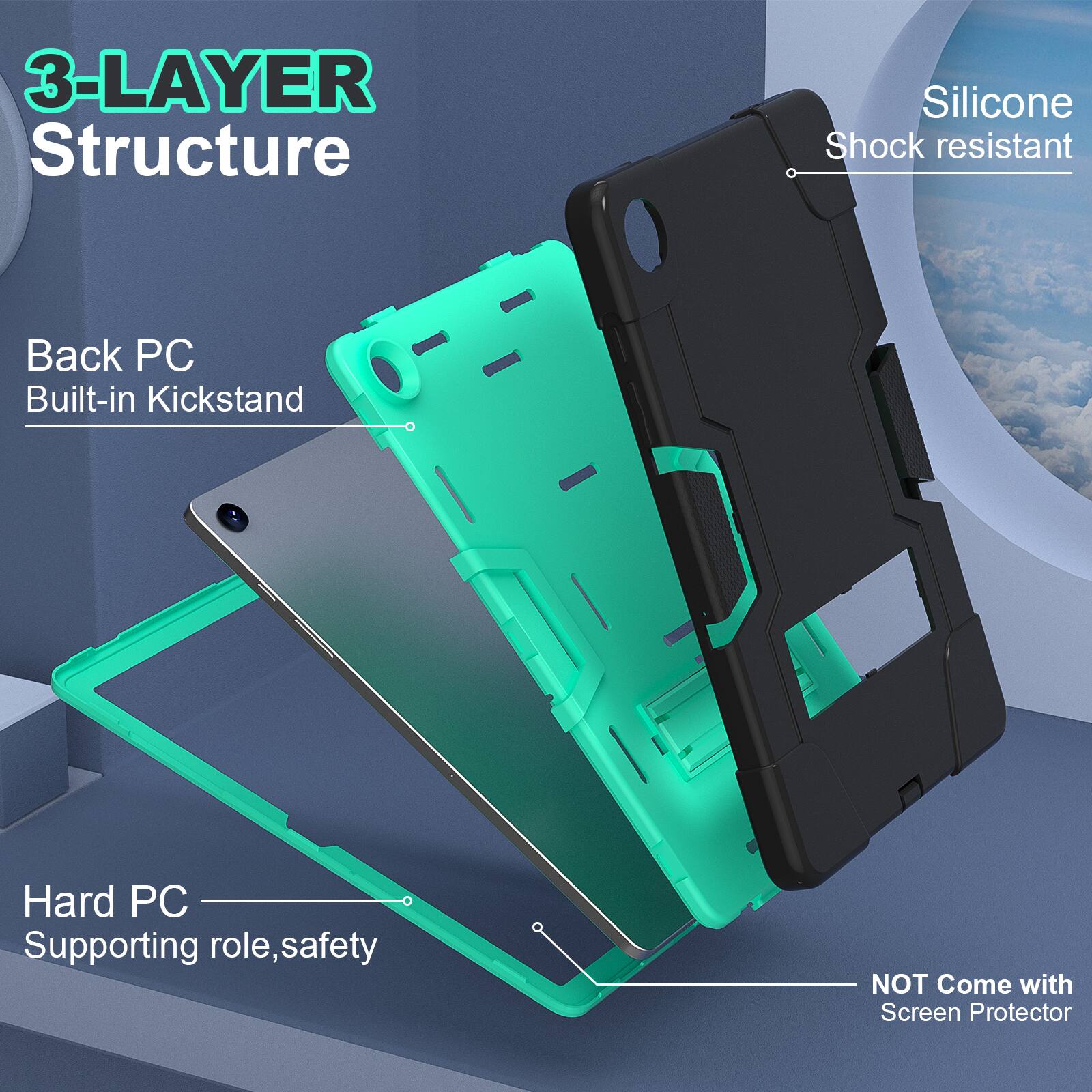 3-LAYER Structure Silicone Shock resistant Back PC Built-in Kickstand Hard PC Supporting role, safety NOT Come with Screen Protector