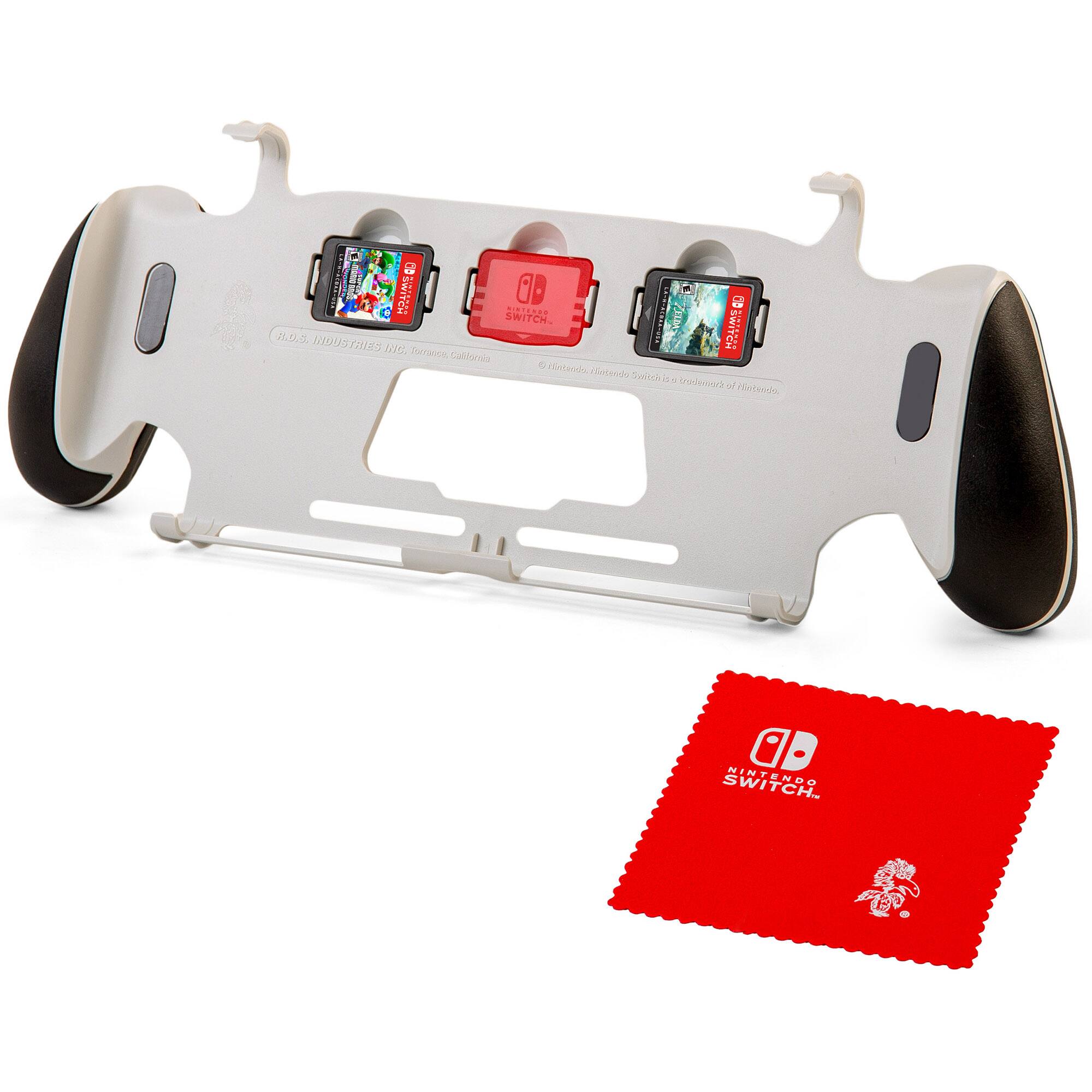 Nintendo Switch is a gaming console developed by Nintendo. It is designed to be portable and versatile, allowing players to enjoy a wide range of games on the go. The console is equipped with a built-in screen and detachable controllers, making it a unique and innovative gaming experience. The image shows a Nintendo Switch controller and a red cloth, which is likely used for wiping the controller or cleaning it.