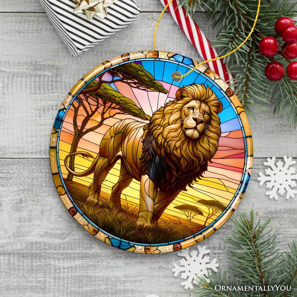 Back. OrnamentallyYou - Kings of the Savannah Lion Stained Glass Style Ceramic Ornament African Animals Christmas Gift - Multi-colored.