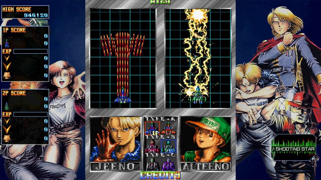 HIGH SCORE 846120  
1P SCORE EXP  
2P SCORE EXP FREEDOM  
TYPE-A 1P TYPE-B FLVNP URDE TYPE-C JEENO ALTEENO  
CREDITS  
SHOOTING STAR  
Slow Mode