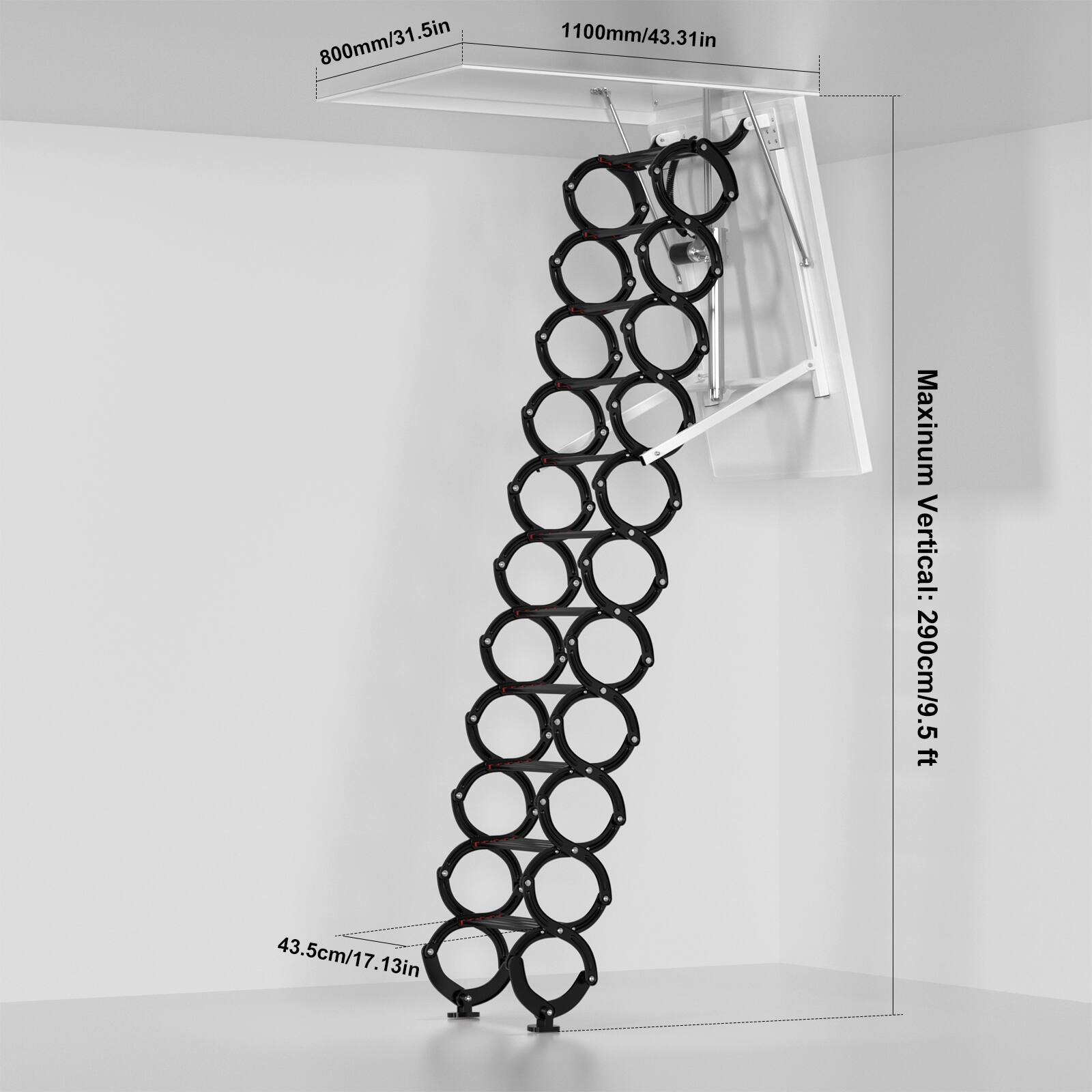 800mm/31.5in  
1100mm/43.31in  
Maximum Vertical: 290cm/9.5ft  
43.5cm/17.13in
