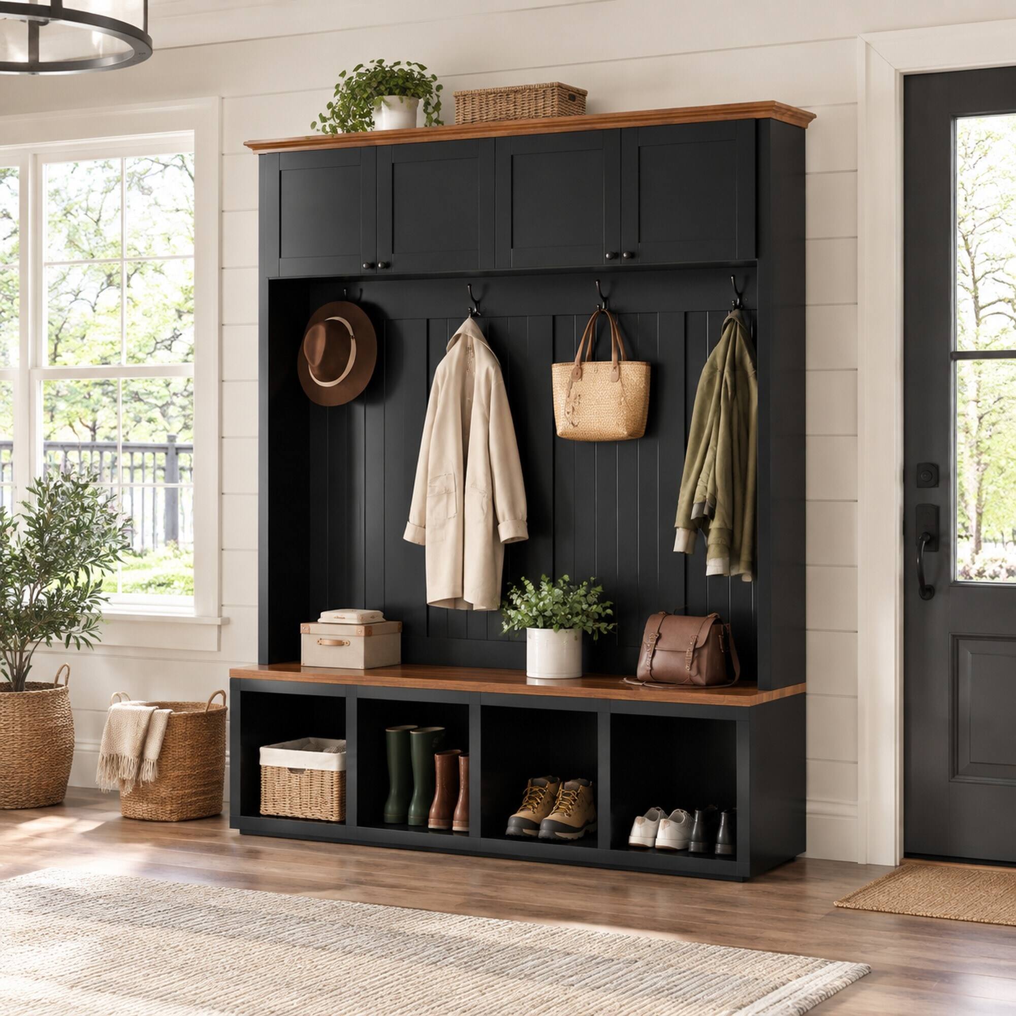 Left. RYHNUYNE - VIBE HAUS 59 in Hall Tree with Bench, 4 Cabinets and 4 Open Compartments, 4 Hooks, Farmhouse Style - Black.
