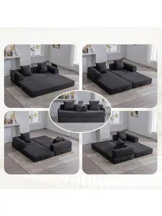 Front. Trinkets Crazed - Convertible Sleeper Sofa Bed With 2 Pillows, 78.5" Corduroy Folding Mattress Couch With Fixed-Shape Frame - Black.
