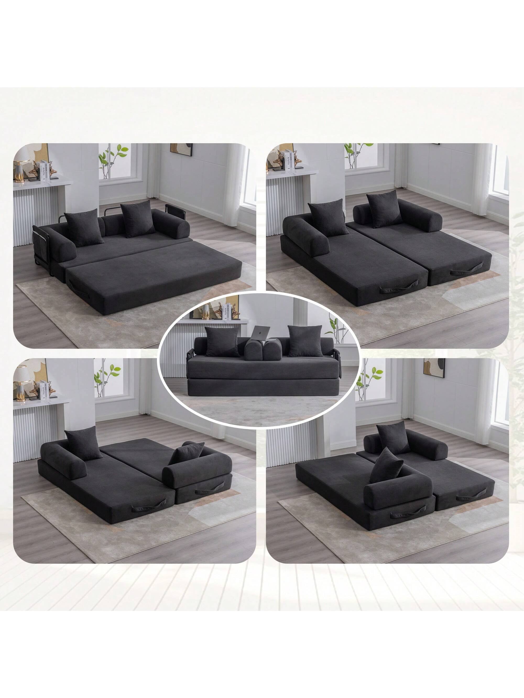 Front. Trinkets Crazed - Convertible Sleeper Sofa Bed With 2 Pillows, 78.5" Corduroy Folding Mattress Couch With Fixed-Shape Frame - Black.