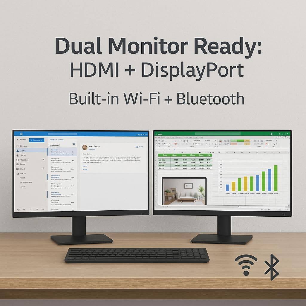 Dual Monitor Ready: HDMI + DisplayPort  
Built-in Wi-Fi + Bluetooth