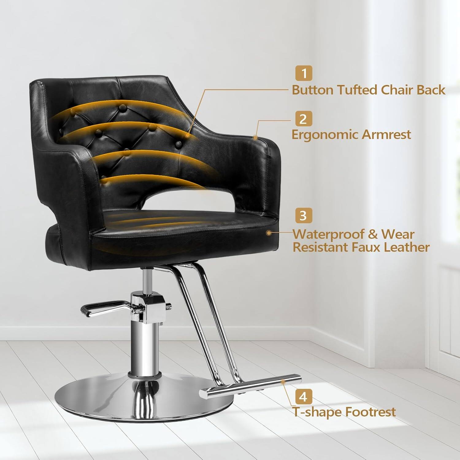 1. Button Tufted Chair Back  
2. Ergonomic Armrest  
3. Waterproof & Wear Resistant Faux Leather  
4. T-shape Footrest