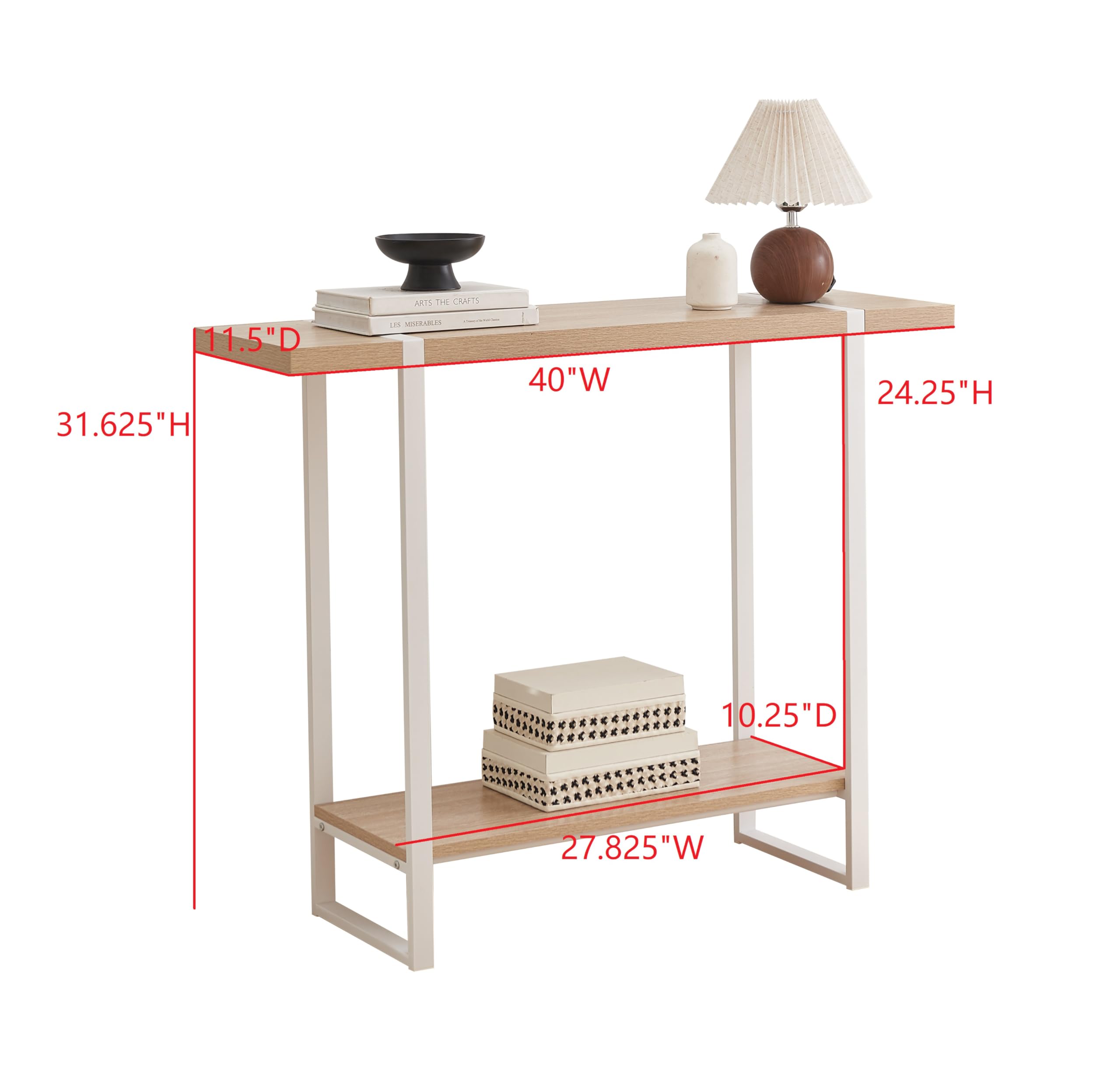 - Height: 31.625"
- Depth: 11.5"
- Width: 40"
- Shelf Height: 24.25"
- Shelf Depth: 10.25"
- Shelf Width: 27.825"