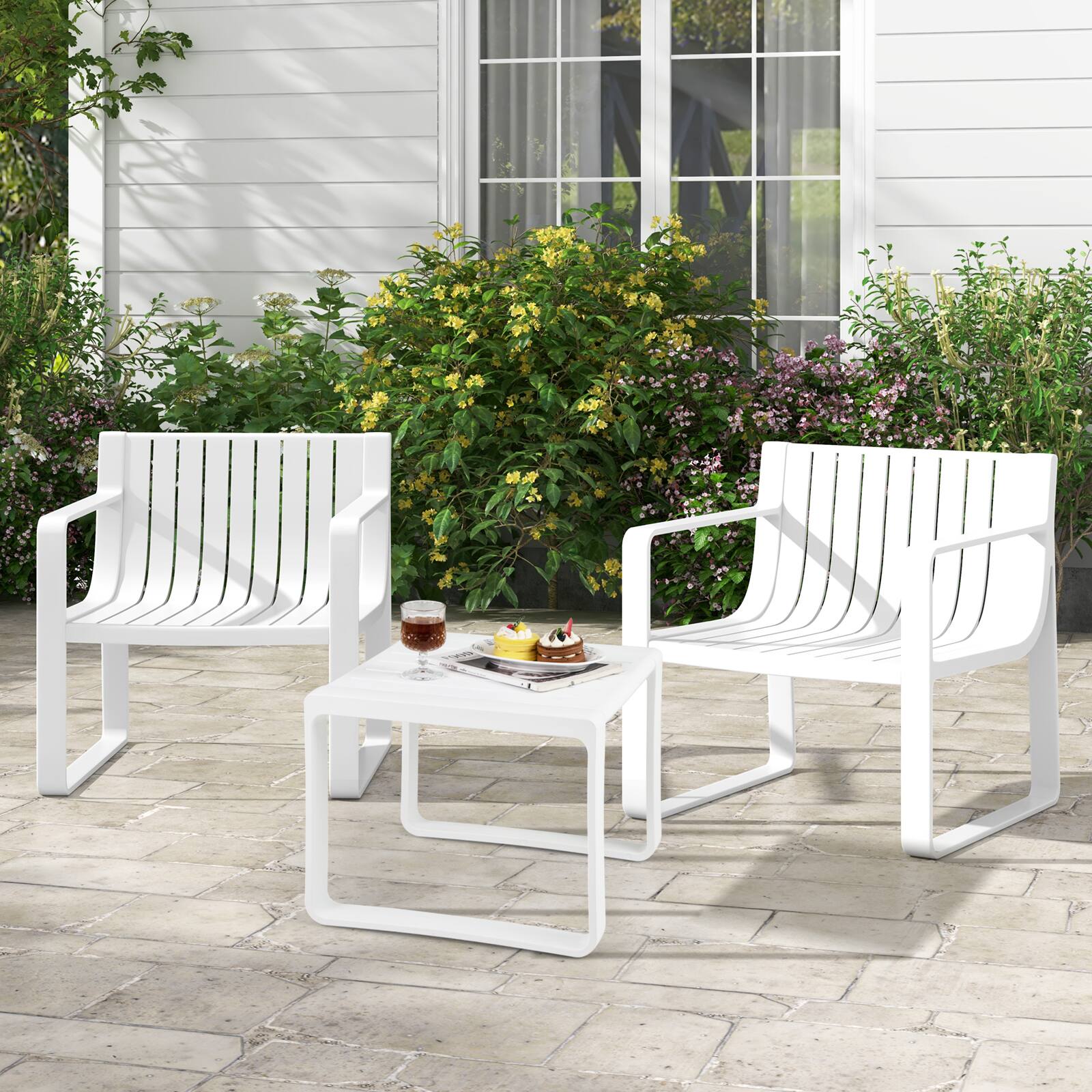 Alt View 3. Costway - Patio Chairs Set of 2 Weather-resistant Plastic Outdoor Armchairs - White.
