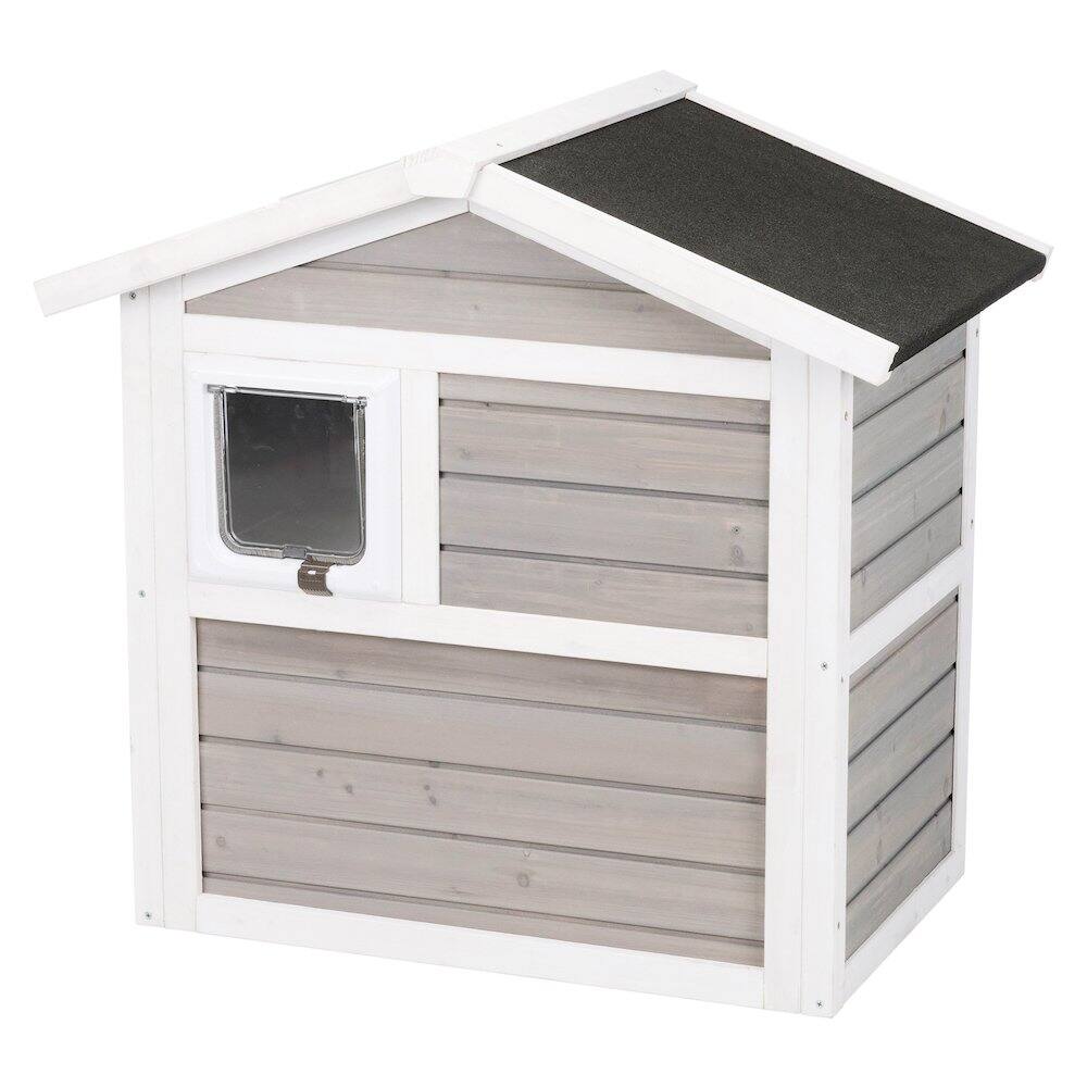 Alt View 3. TRIXIE - Natura Elevated Weatherproof & Insulated Outdoor Cat House with Door Flaps, Gray - Gray/White.
