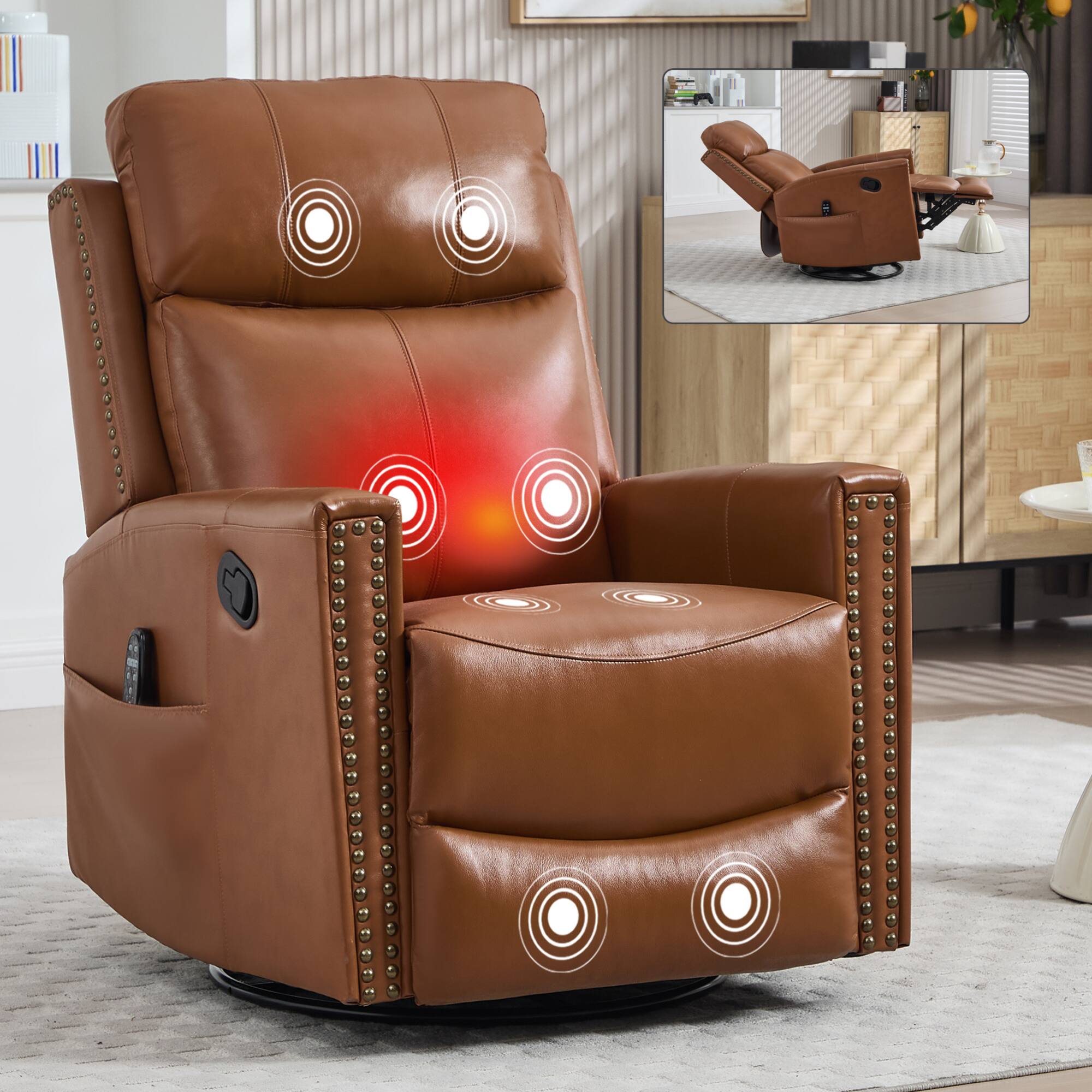 Alt View 8. GOODSILO - Premium Genuine Leather Massage Recliner Chair with Swivel and Rocking Function for Ultimate Comfort - Yellow.