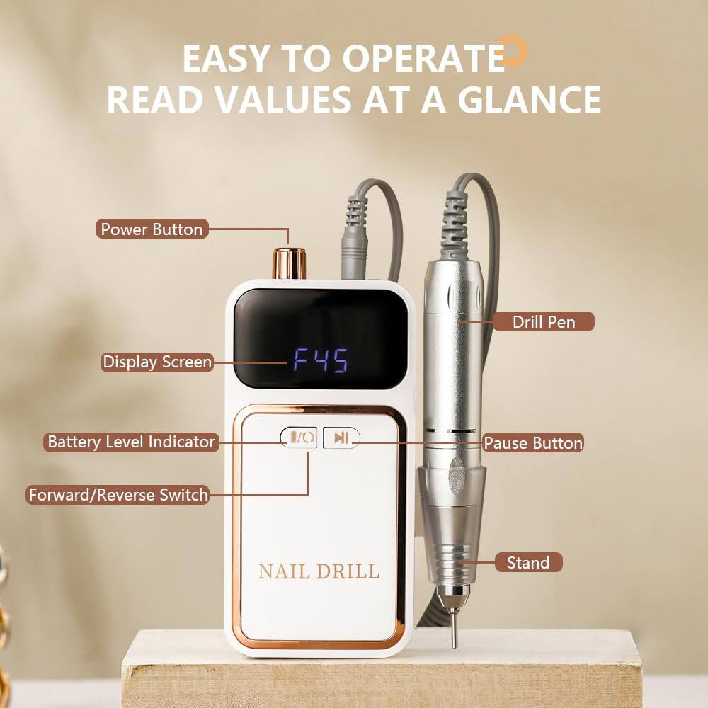 EASY TO OPERATE  
READ VALUES AT A GLANCE

- Power Button
- Drill Pen
- Display Screen
- Battery Level Indicator
- Pause Button
- Forward/Reverse Switch
- Stand

NAIL DRILL