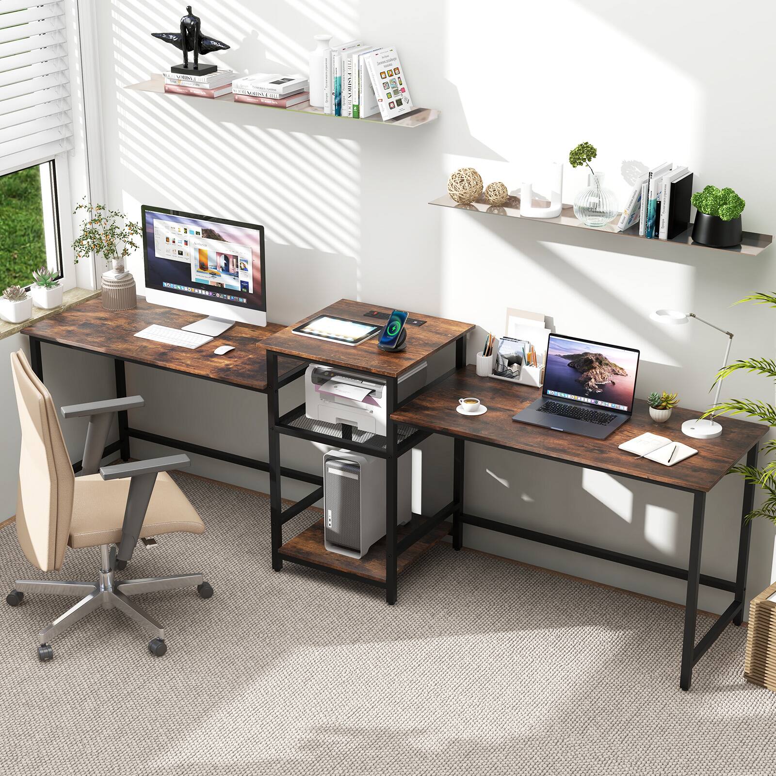 Alt View 2. SlickBlue - Home Office Desk for 2 People – Computer Table with Printer Stand & Power Outlet - Rustic Brown, Black.