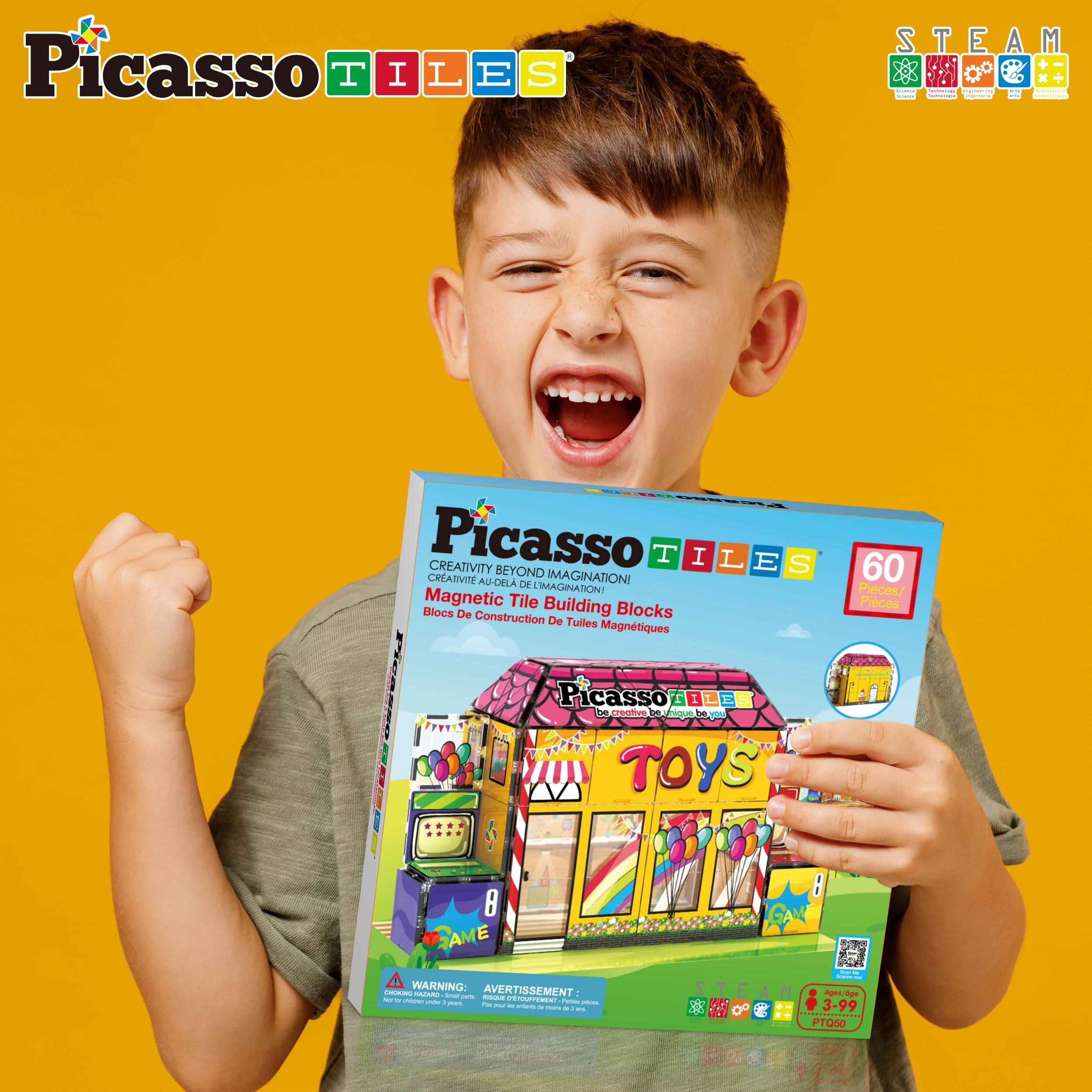 Picasso TILES  
STEAM  
CREATIVITY BEYOND IMAGINATION  
AU-DELA DE L'IMAGINATION  
Magnetic Tile Building Blocks  
Blocs De Construction Magntiques  
60 Pieces  
Picasso TOYS  
WARNING: AVERTISSEMENT  
CHOKING HAZARD - Small parts. Not for children under 3 years.  
$3.99  
PT050