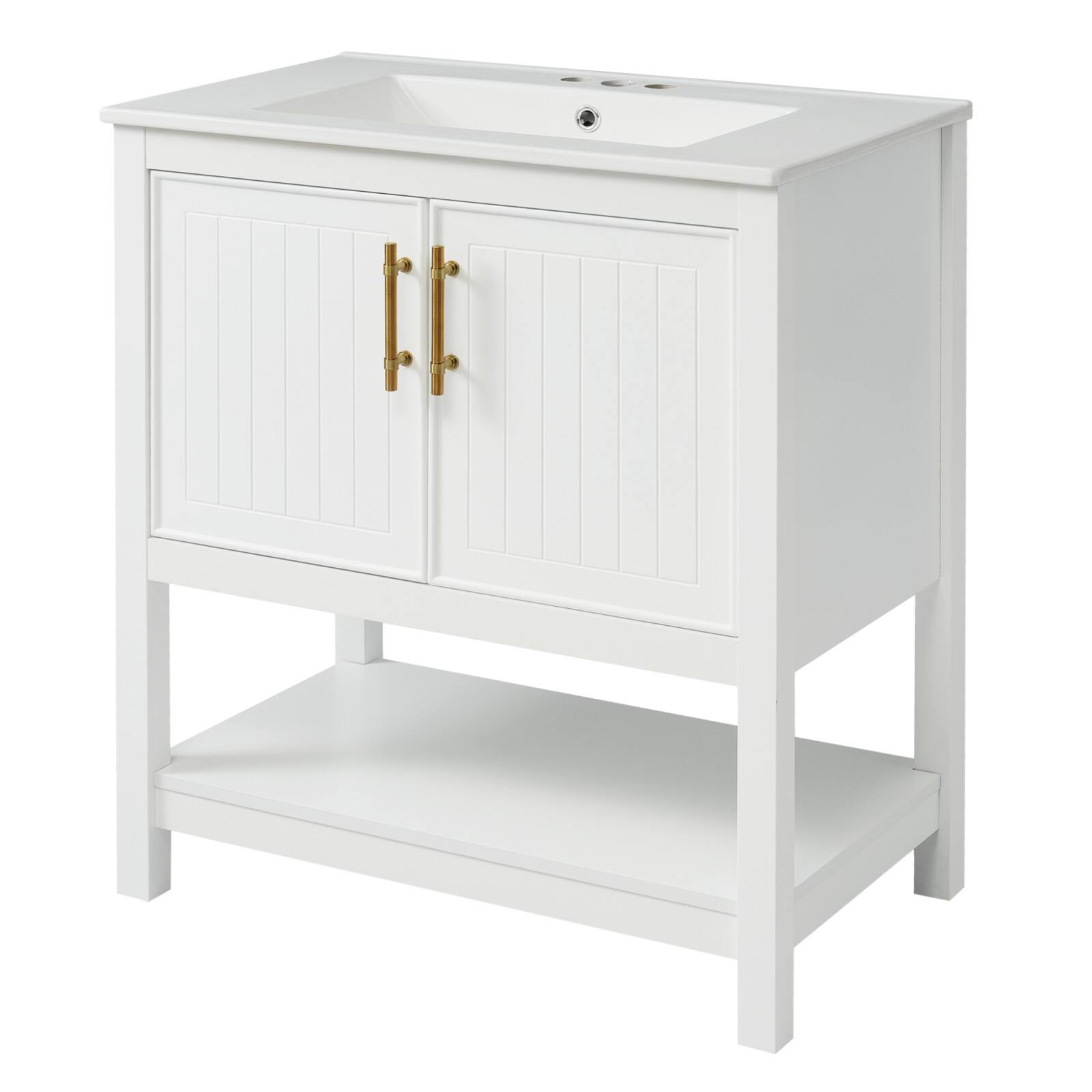 Front. Glintex - 30 Inch Bathroom Vanity with Ceramic Sink, Open Storage, and Soft-Close Doors - White.
