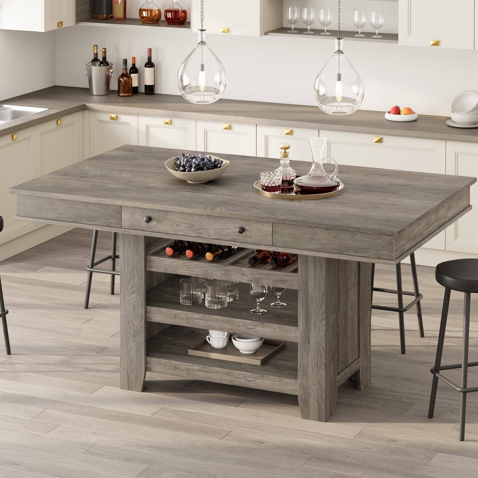 Front. Jojoka - 60" Counter Height Dining Table for 4, Farmhouse Rectangular Bar Height Table w/Wine Rack & Shelves - Gray.