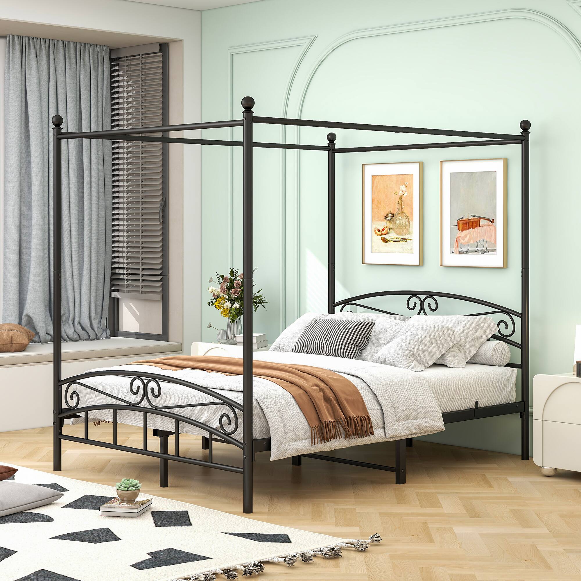 Alt View 1. APRILSOUL - Queen Size Metal Canopy Bed Frame with Headboard and Footboard Black - Black.