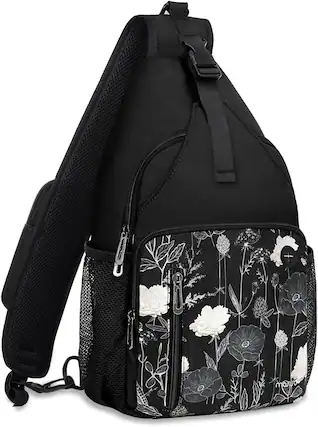 Front. mosiso - Sling Bag Crossbody Shoulder Bag Travel Hiking Daypack Chest Bag with Front Square Pocket&USB Charging Port - Retro Flower.
