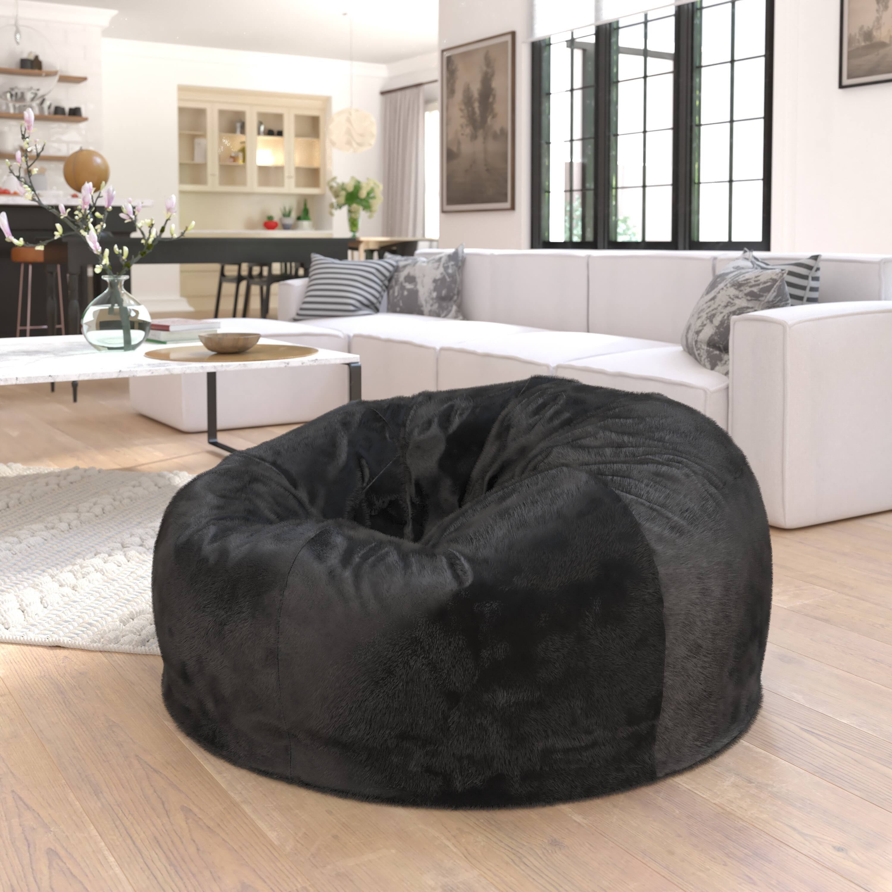 Angle. Flash Furniture - Duncan Oversized Black Furry Refillable Bean Bag Chair for All Ages - Black.