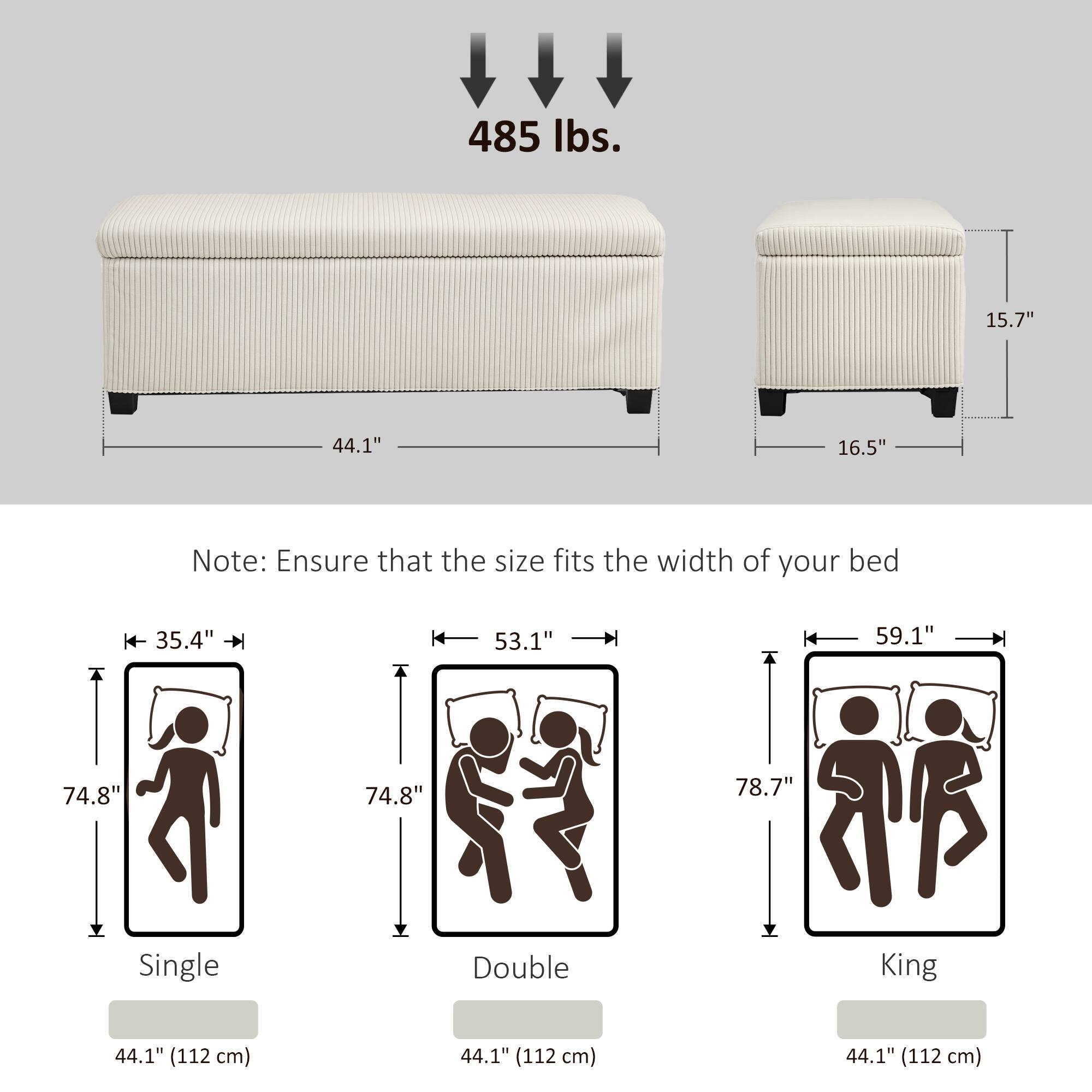485 lbs. 15.7" 44.1" 16.5" Note: Ensure that the size fits the width of your bed 35.4"  53.1" 59.1" 74.8" 74.8" 78.7" Single Double King 44.1" (112 cm) 44.1" (112 cm) 44.1" (112 cm)