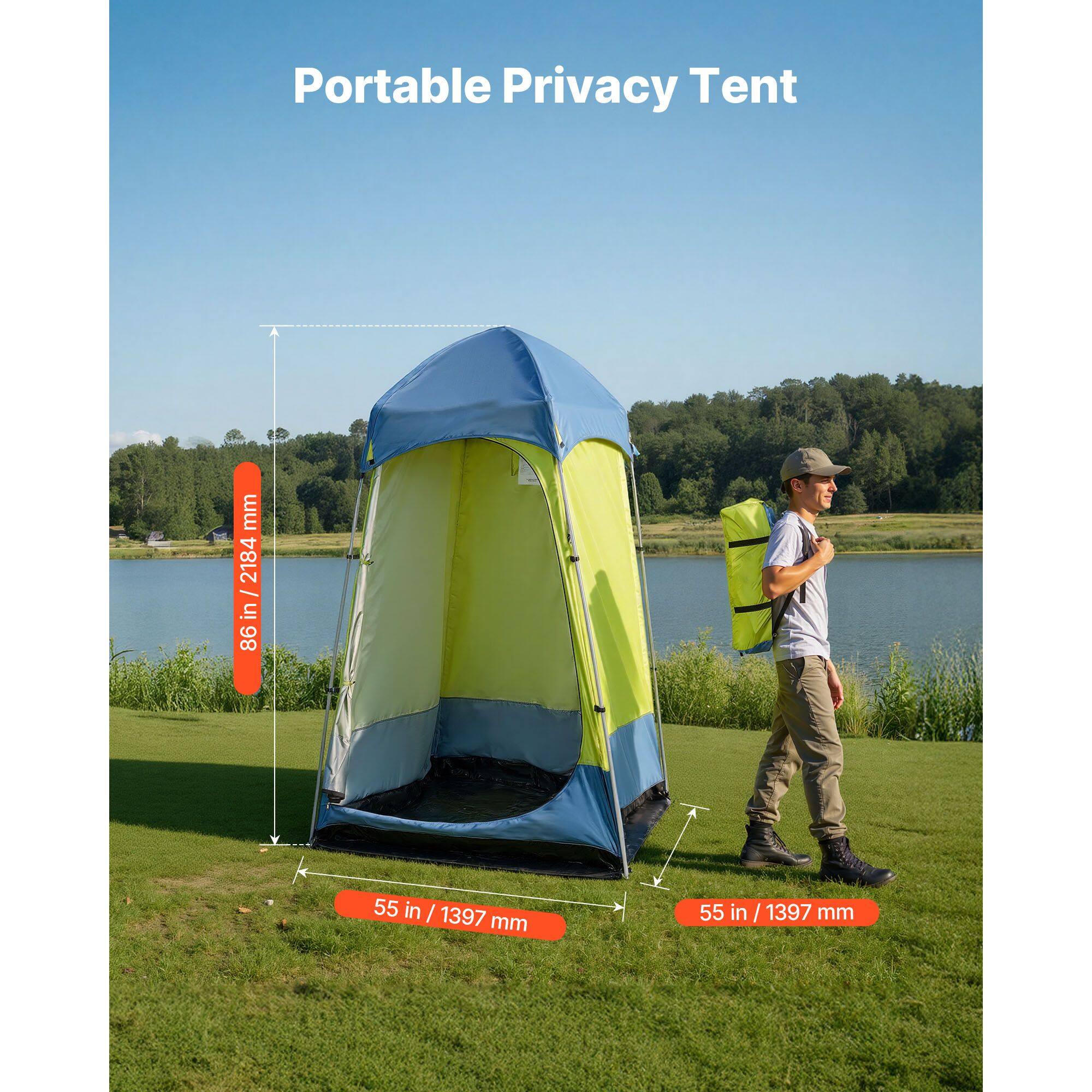 Portable Privacy Tent  
Height: 86 in / 2184 mm  
Width: 55 in / 1397 mm  
Depth: 55 in / 1397 mm
