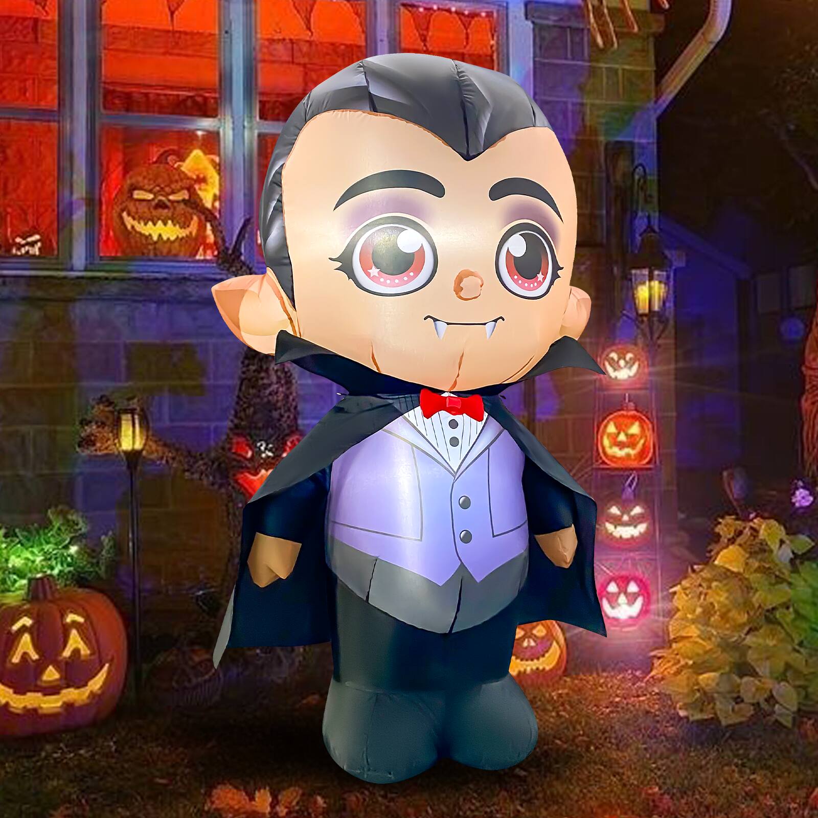 Left. GOOSH Inflatables - GOOSH 5FT Inflatable Vampire with Cape – Light-Up Halloween Yard Decoration - Black.