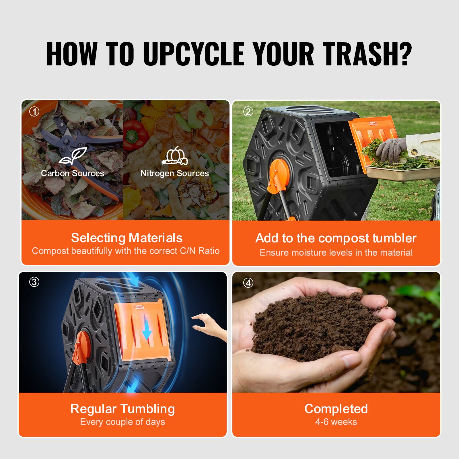 HOW TO UPCYCLE YOUR TRASH?

1. Selecting Materials
2. Add to the compost tumbler
3. Regular Tumbling
4. Completed

Carbon Sources
Nitrogen Sources
Compost beautifully with the correct C/N Ratio
Ensure moisture levels in the material
Every couple of days
4-6 weeks