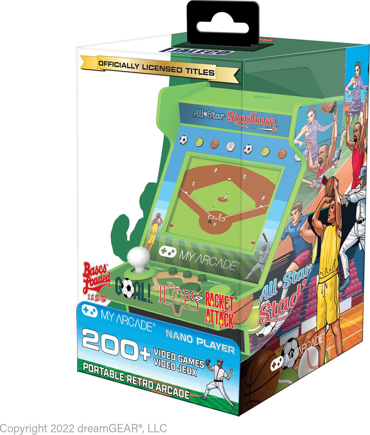 OFFICIALLY LICENSED TITLES

All-Star Stadium  
Bases Loaded  
Goal!  
Hoop  
Racket Attack  
All-Star Stad

MY ARCADE  
NANO PLAYER  
200+ VIDEO GAMES  
PORTABLE RETRO ARCADE

Copyright 2022 dreamGEAR, LLC
