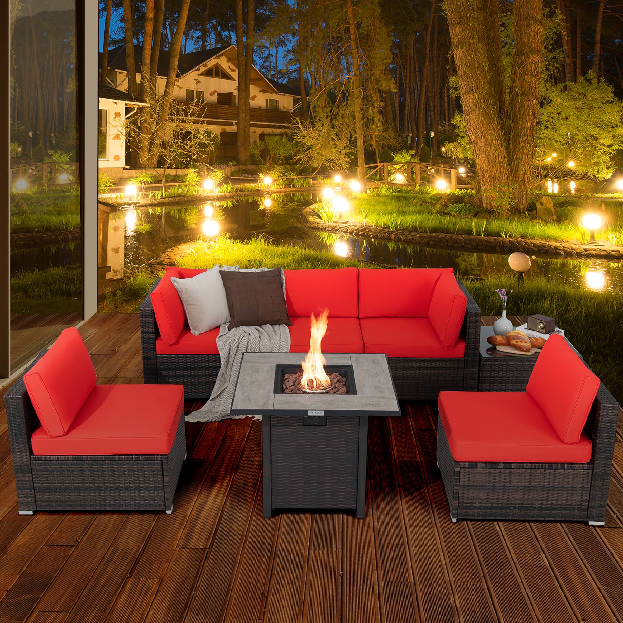 Alt View 2. Costway - Costway 7PCS Patio Rattan Furniture Set 30" Fire Pit Table Cover Cushion Sofa - Red.