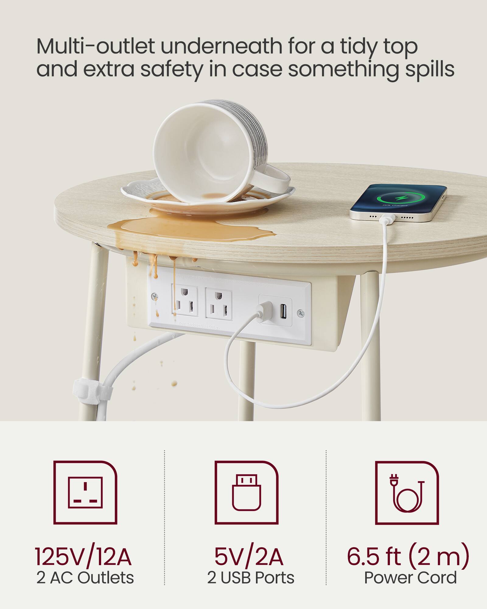 Multi-outlet underneath for a tidy top and extra safety in case something spills

125V/12A 2 AC Outlets  
5V/2A 2 USB Ports  
6.5 ft (2m) Power Cord